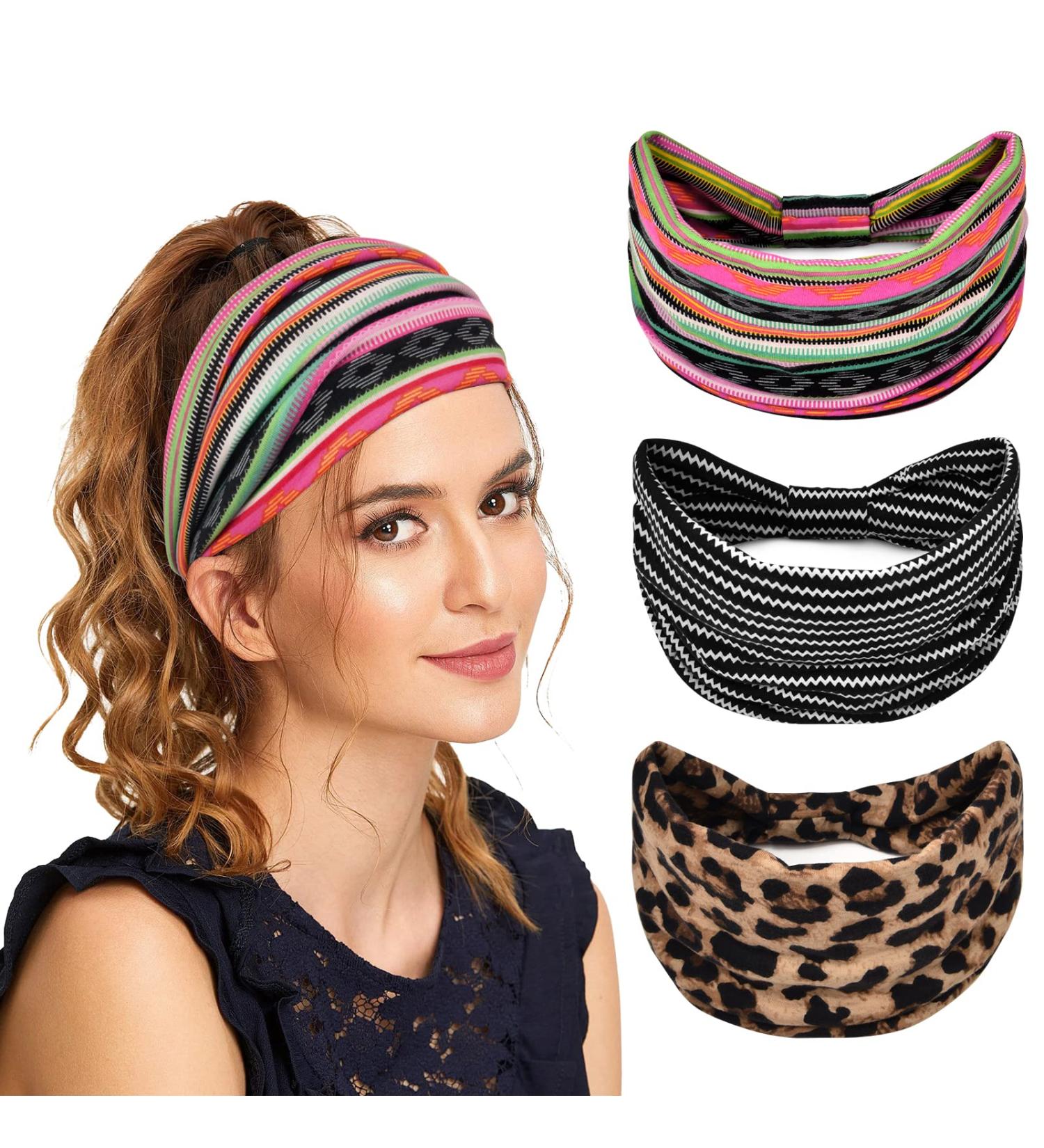 MuForu Wide Headbands for Women - Boho Style Knotted Turban Headbands - Non Slip Hair Accessories for Yoga & Workout - 3 Pack Striped Design - Buy Online on GoSupps.com