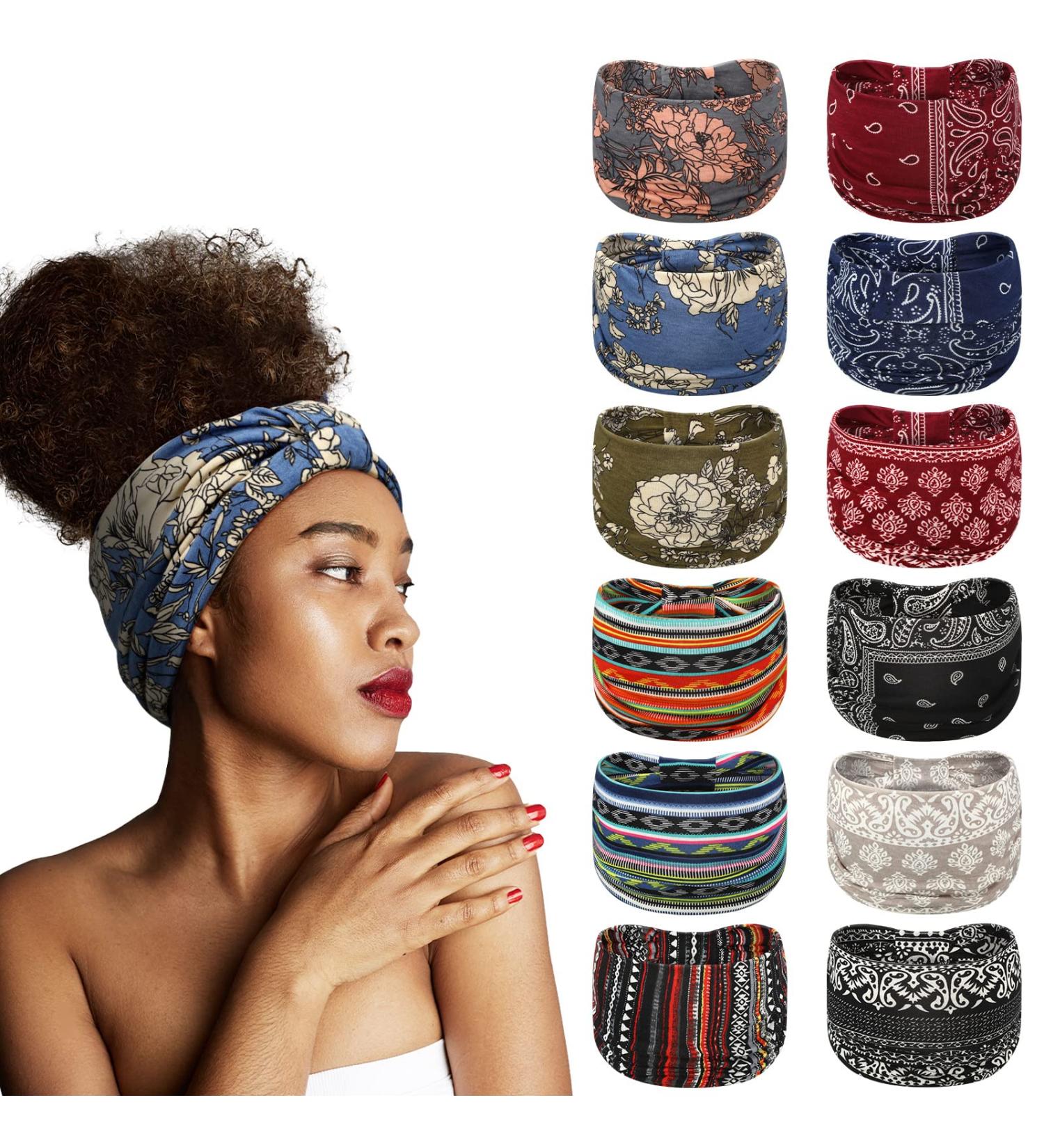 XunYee 12 Pcs Boho Headbands for Women - 7.08 Inch Wide Stretch African Headbands for Yoga, Workout, and Fashion - Elastic Knotted Headband Wrap Motorcycle Hair Accessories - Buy Online on GoSupps.com