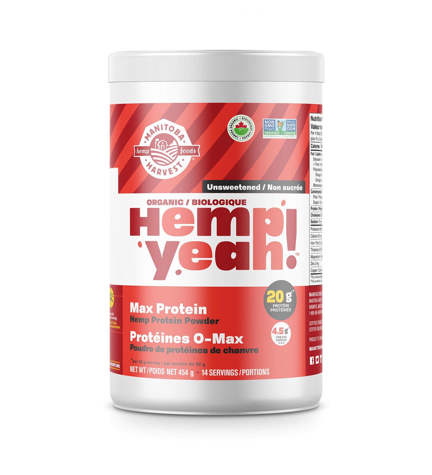 Manitoba Harvest Hemp Organic Max Protein Powder Unsweetened 454g with 20g protein and 4.5g Omegas 3/6 per Serving - Buy Online on GoSupps.com