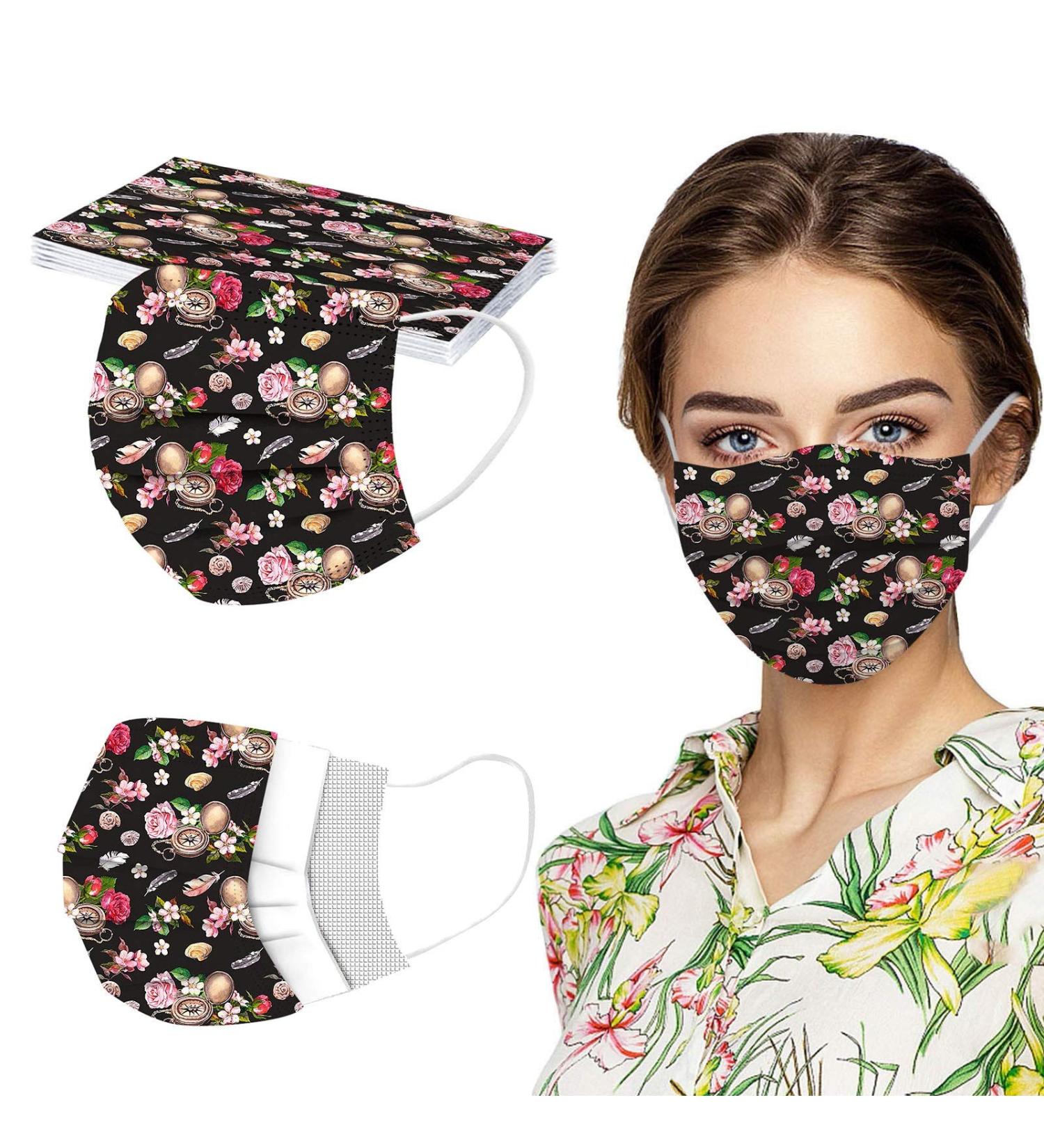 10PC Disposable Face_Masks Flower Print 3 Ply Breathable Face_Cover Flower Women Fashion Face Covering Protections Multicolor-3 As shown - Buy Online on GoSupps.com