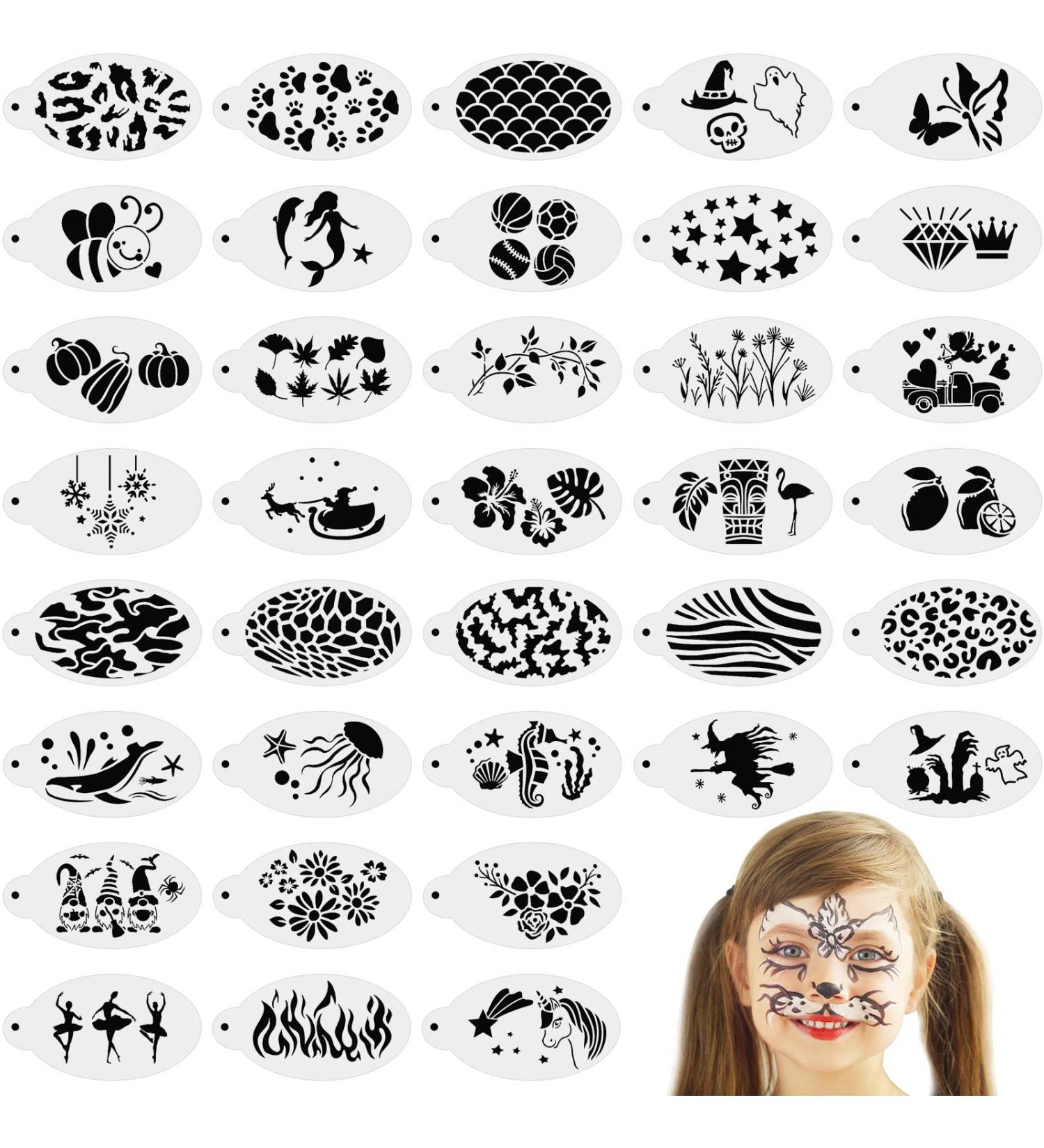 Jecery 36 Pcs Face Paint Stencils for Halloween Makeup - Reusable Templates for Mermaid, Unicorn, Leopard, Witch, Ghost, Pumpkin & Skull Tattoos (Fresh Style) - Buy Online on GoSupps.com