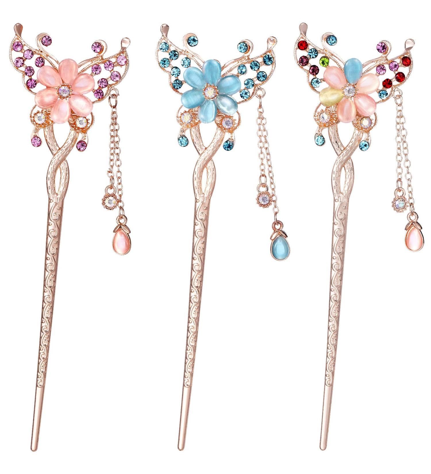 OIIKI Butterfly Flowers Hair Sticks Pins for Buns - 3pcs Chinese Flower Hair Chopsticks Hairpins | Vintage Rhinestone Tassel Hair Accessories - Buy Online on GoSupps.com