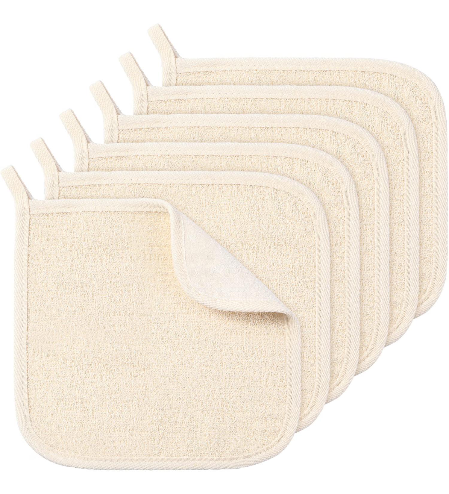6pc Bamboo Exfoliating Face & Body Wash Cloths - 2 Sided Soft Weave Towel for Scrub & Massage - Shower Bath Cloth for Men & Women - 20x20cm - Beige & White - Buy Online on GoSupps.com