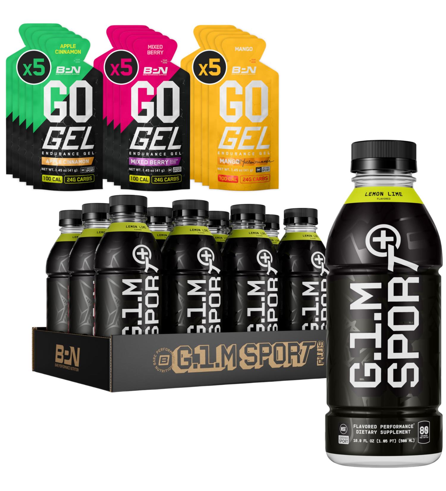 BARE PERFORMANCE NUTRITION BPN Go Gel Endurance Variety Pack 15 Single-Serving Gels + G.1.M Sport+ RTD Endurance Drink Lemon Lime 12 Pack | Energy Gel + Ready-to-Drink Endurance Fuel Bundle - Buy Online on GoSupps.com