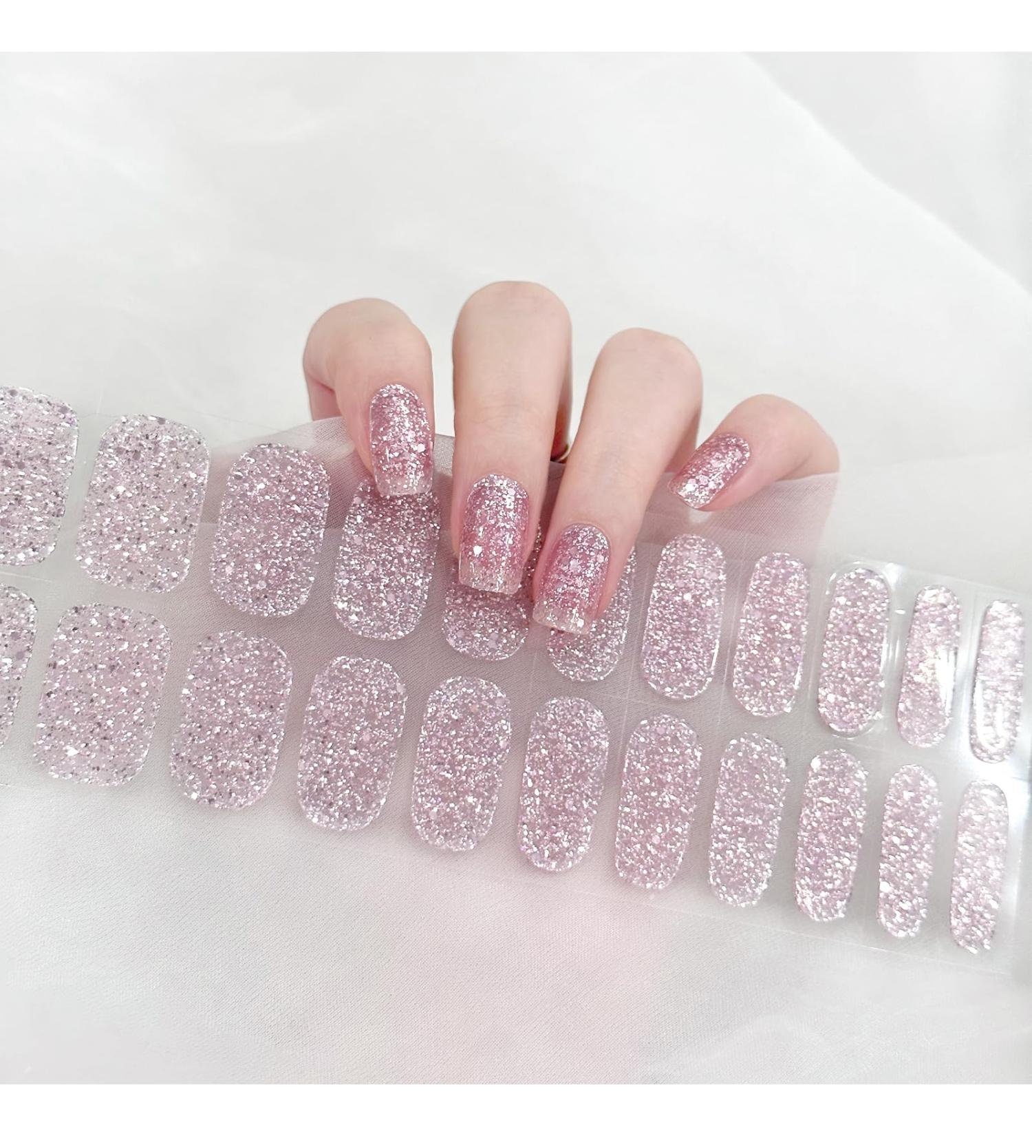 Semi Cured Gel Nail Wraps 22Pcs Pink Glitter Gel Nail Polish Strips Self-Adhesive Gel Nail Stickers Salon-Quality French Manicure Stickers with Soft Glossy Gel Finish Easy to Apply & Remove Sparkle Pink - Buy Online on GoSupps.com
