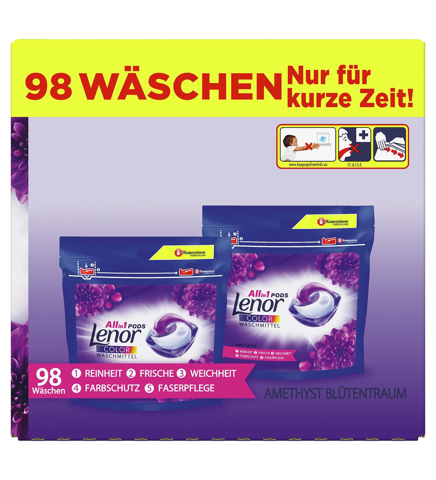 Lenor All-in-1 Detergent Pods - 98 Wash Loads Color Protection Amethyst Flower Dream - Fresh Laundry 2 Pack (49 Pieces Each) - Buy Online on GoSupps.com