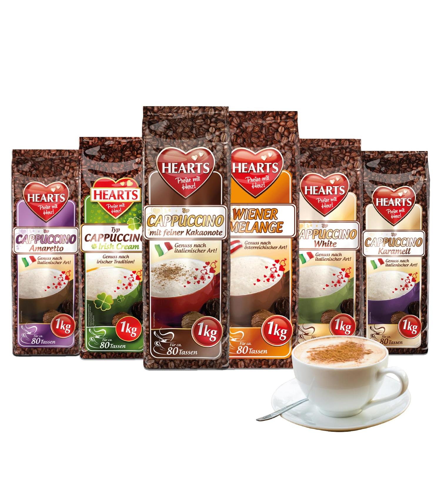 Hearts Cappuccino Mix 6 x 1kg Sample Pack (Viennese Mix Irish Cream Amaretto Caramel White and with a Fine Cocoa Note) - Family Pack - Buy Online on GoSupps.com