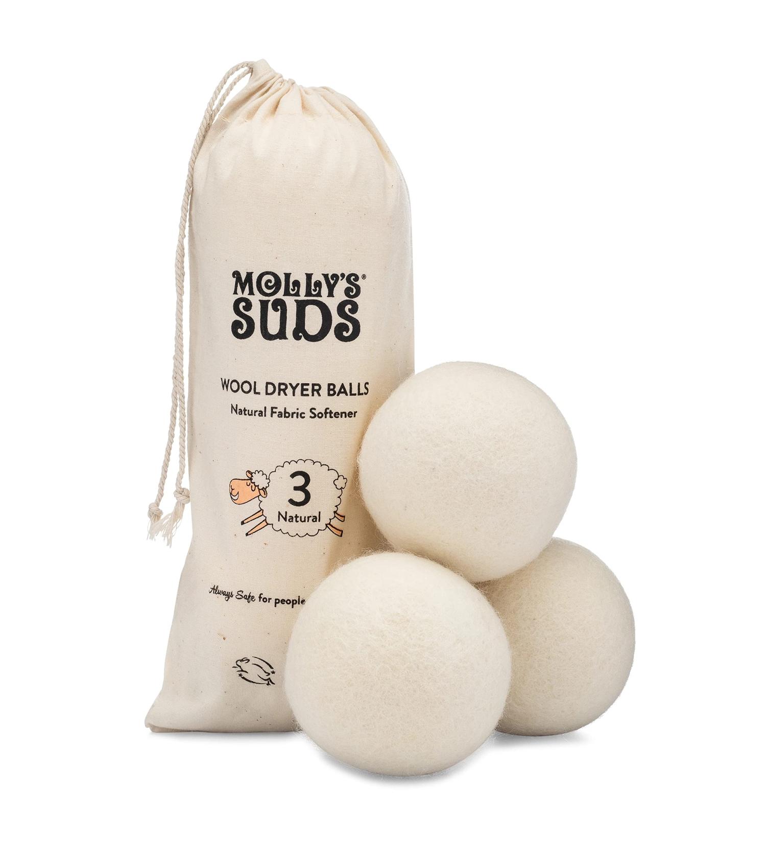 Molly's Suds Wool Dryer Balls (set of 3) - Natural Fabric Softener Reduce Drying Time Reusable Chemical Free Unscented