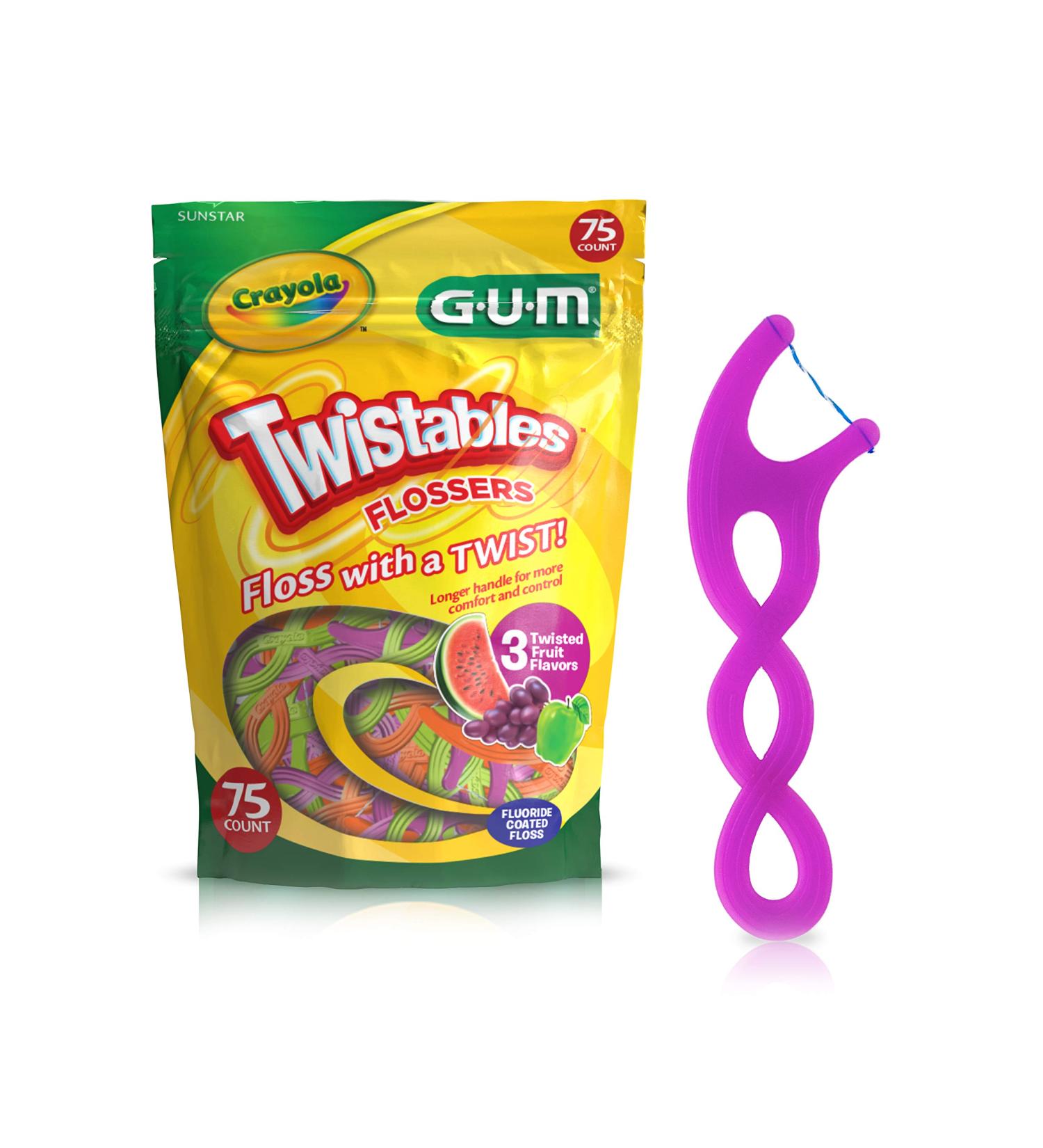 GUM Crayola Twistables Flossers - Fluoride Coated, Twisted Fruit Flavors - 75 Count, Ages 3 - Buy Online on GoSupps.com