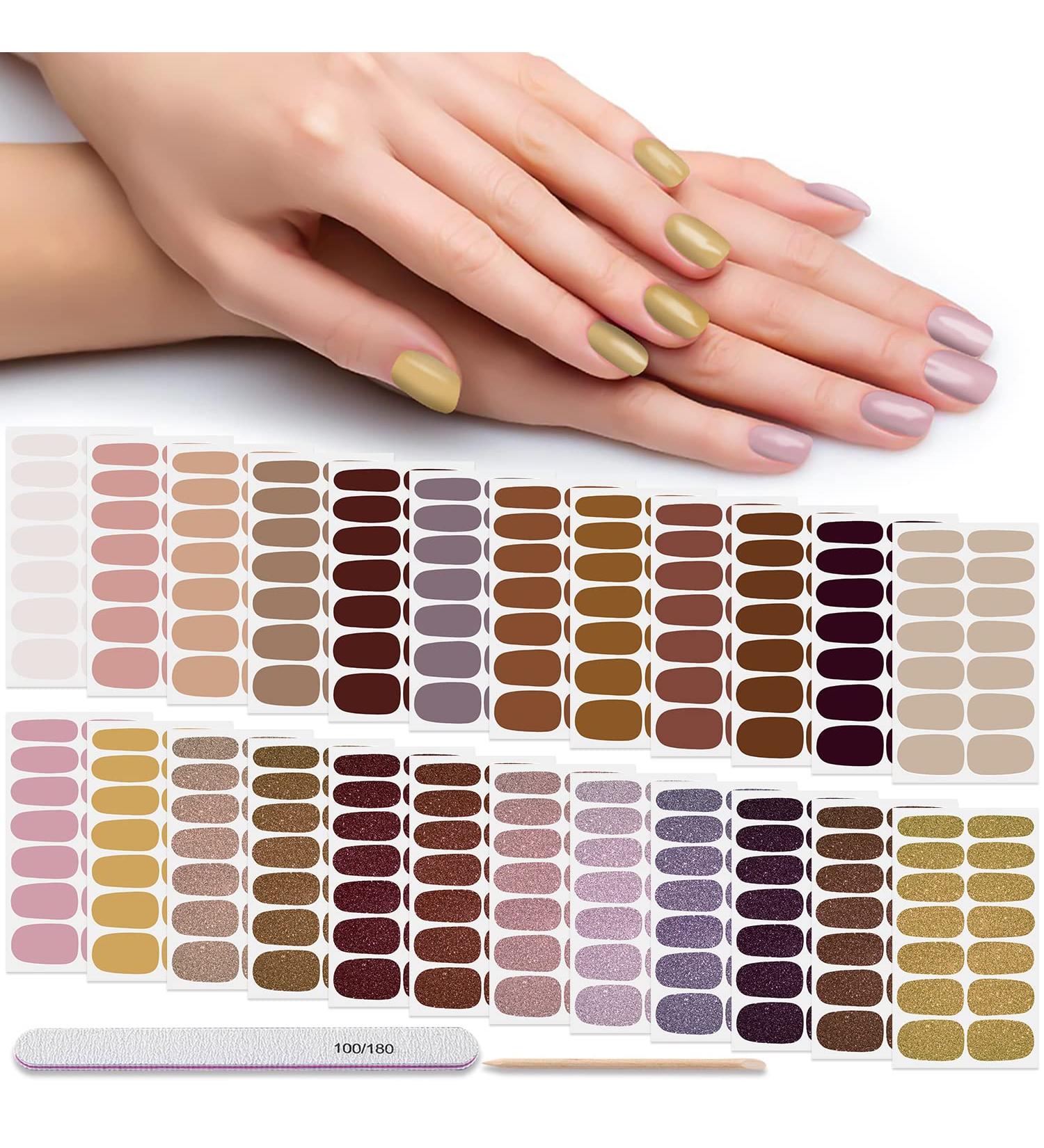 DANNEASY Glitter Nail Wraps - 24 Sheets of Solid Color Nail Polish Strips for Women | Self-Adhesive Gel Nail Stickers with File and Cuticle Stick for Manicure Art - Buy Online on GoSupps.com