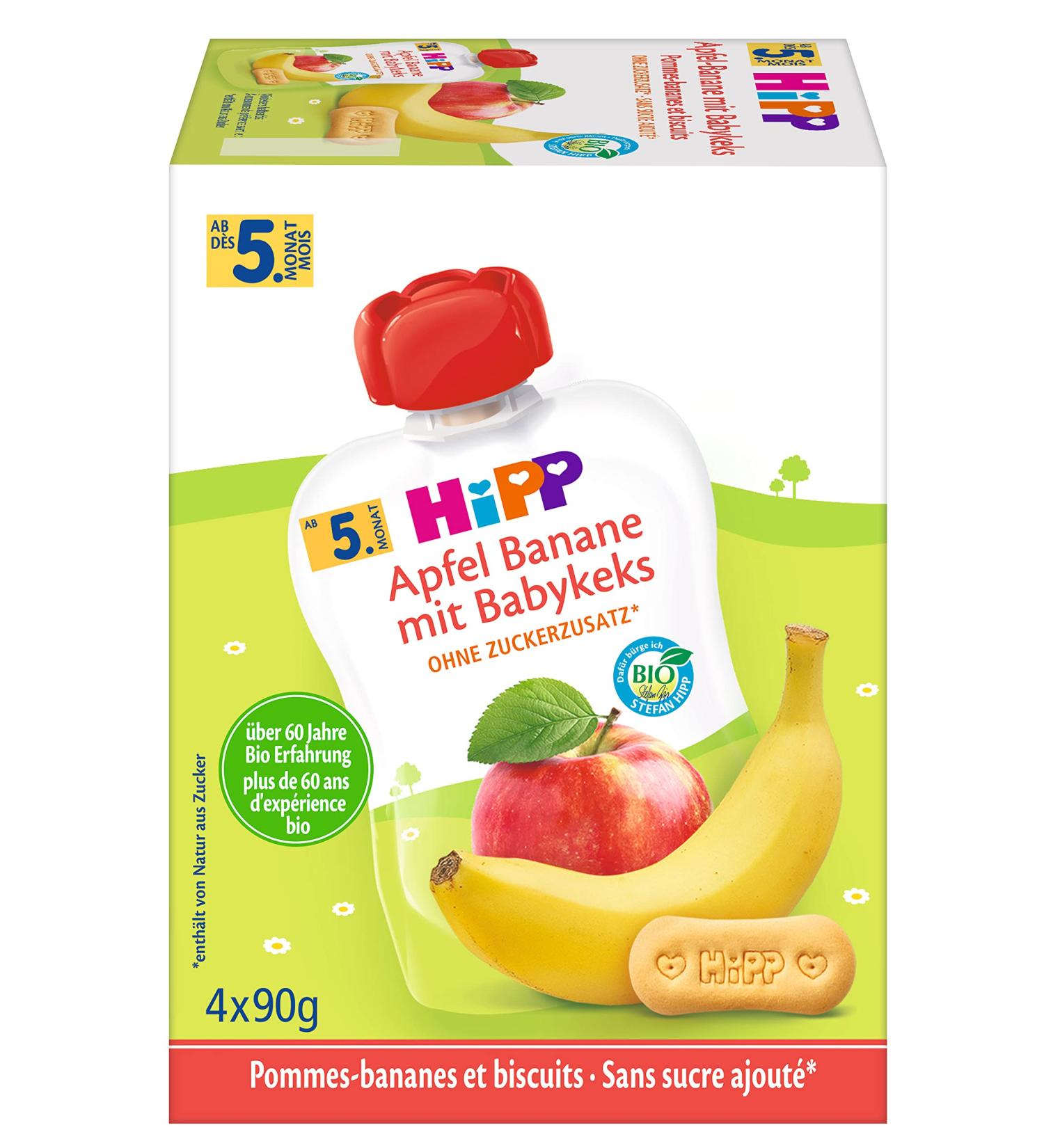 Hipp squeezing bags for babies fruit and grain apple banana with baby biscuit 100% organic fruits without added sugar 4 x 4 bags of 90 g
