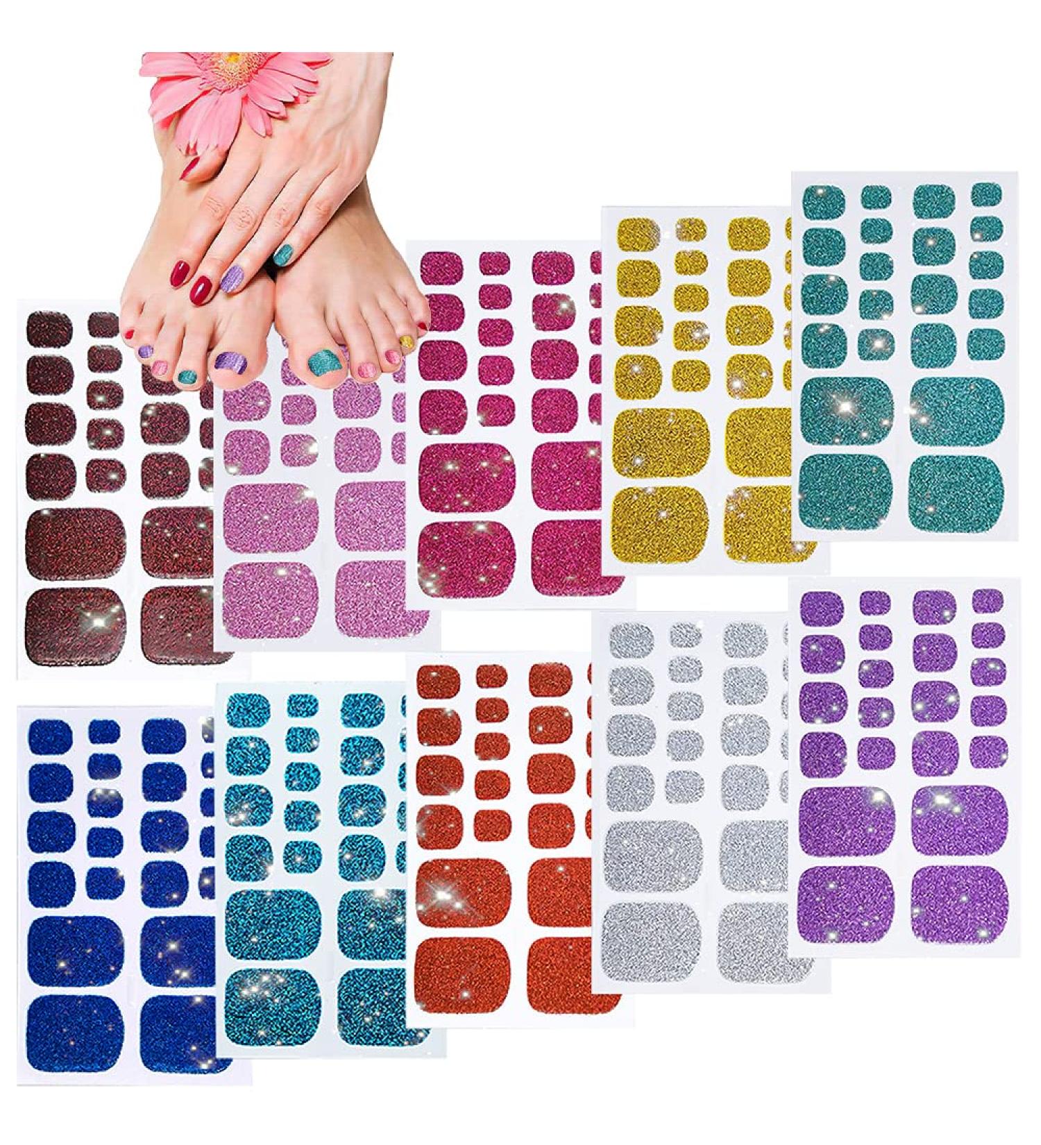 10 Sheets Toe Nail Polish Stickers Glitter Toenail Nail Polish Strips Decals Full Wraps Self Adhesive Toe Nail Tip Full Toe Nail Wraps for Women Girls DIY Nail Decor Art - Buy Online on GoSupps.com