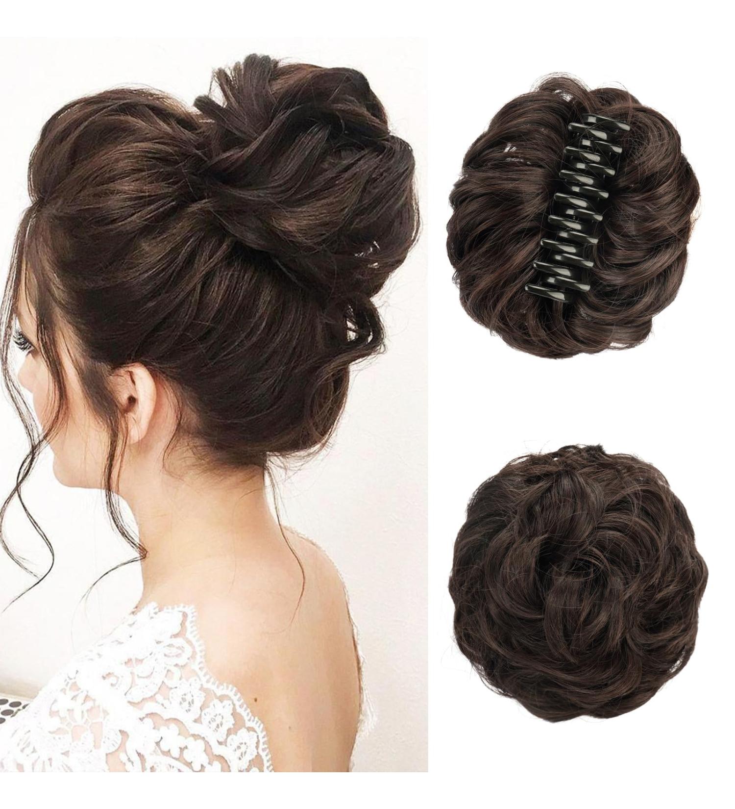 Claw Clip Messy Bun Hairpiece | Wavy Curly Chignon Ponytail Extension | Dark Auburn & Darkest Brown | Synthetic Scrunchie for Women - Buy Online on GoSupps.com