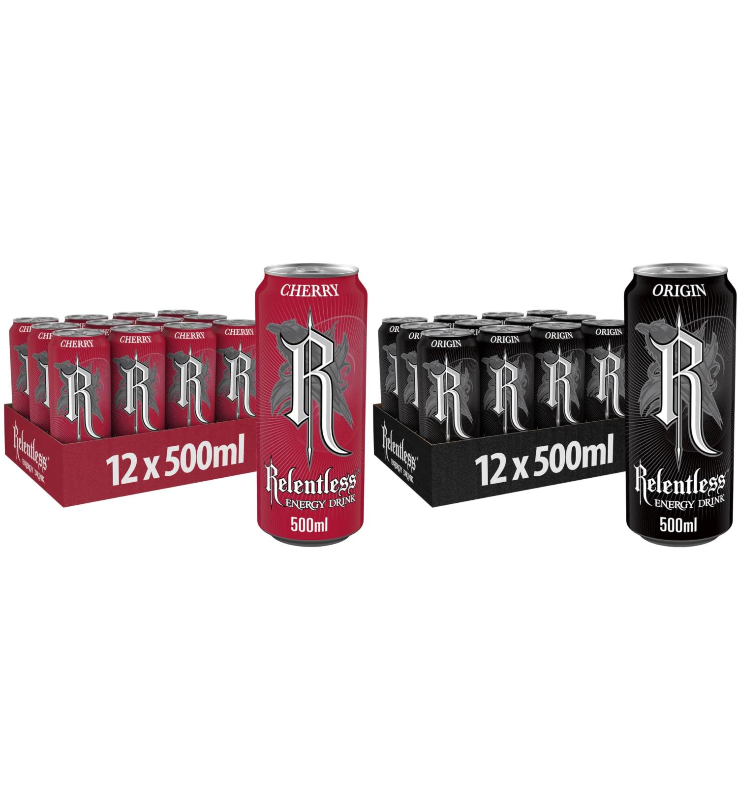 Relentless Energy Drinks 24 Pack 500ml (12 Cans Cherry & 12 Cans Origin) - By Shop 4 Less