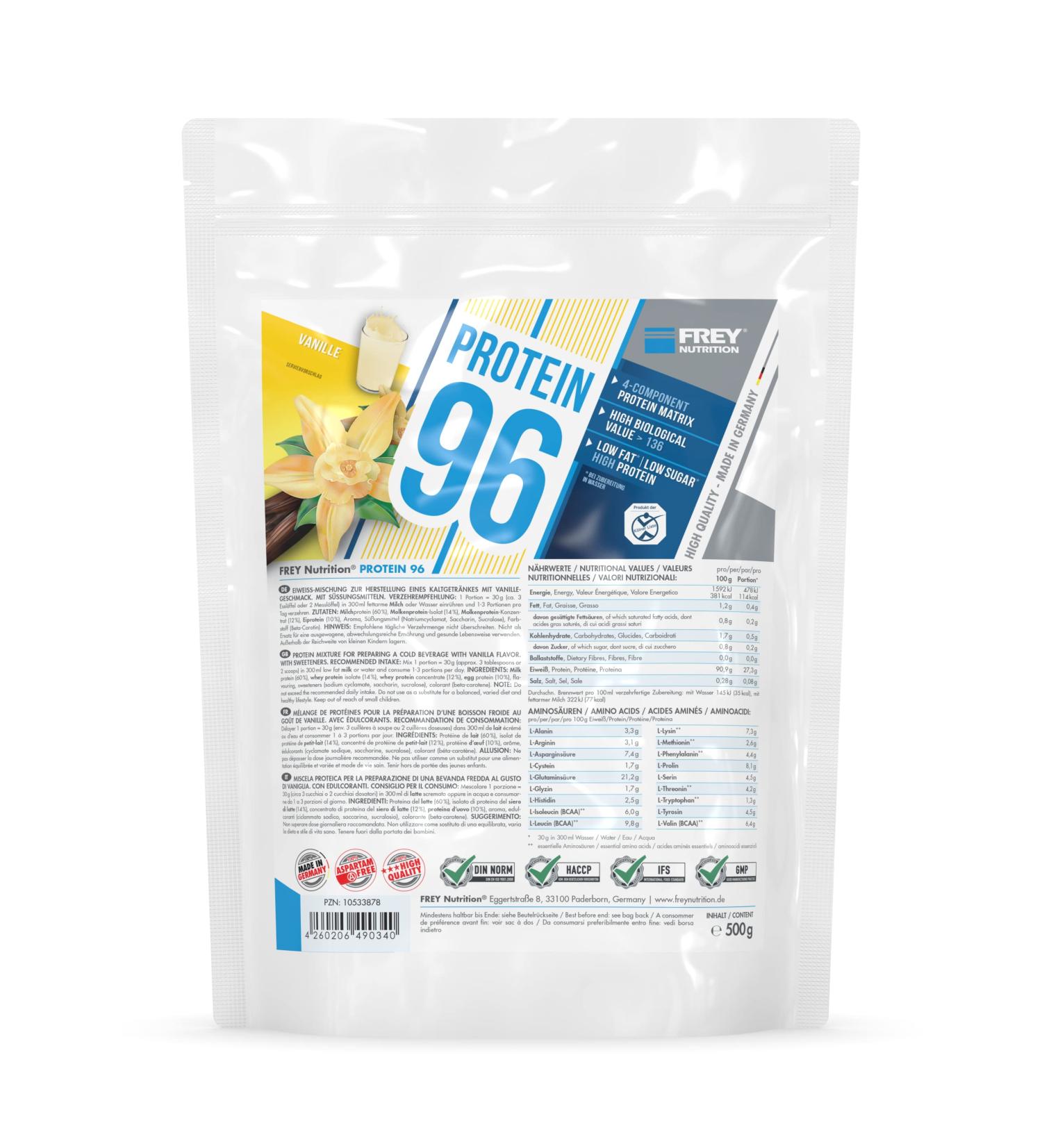 FREY Nutrition PROTEIN 96 vanilla 500 g ideal for lowcarb diet phases and as a snack high casin content low carbohydrate Made in Germany - Buy Online on GoSupps.com