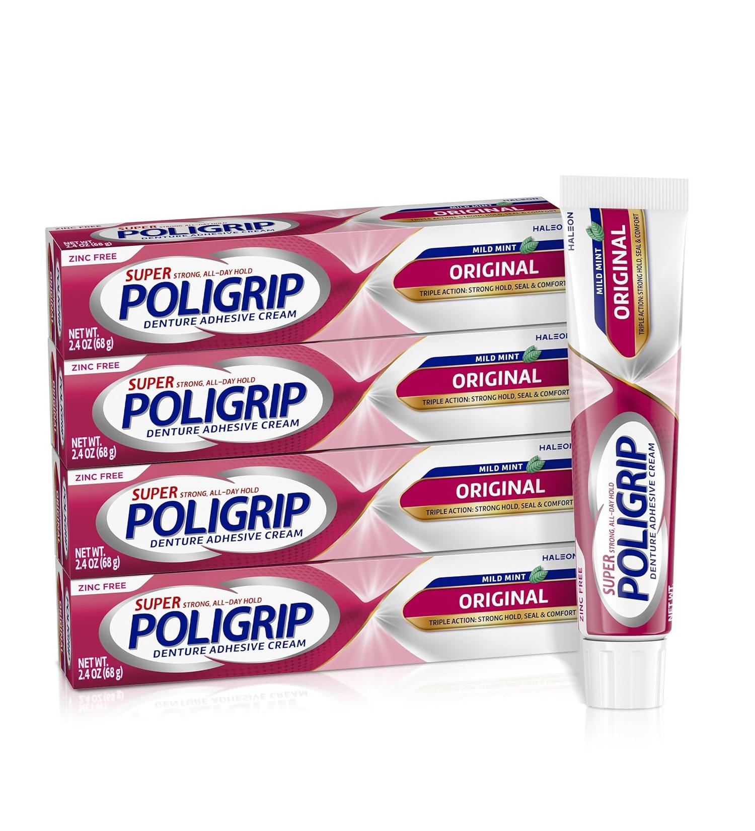 Super Poligrip Original Denture Adhesive Cream - 2.4 oz (Pack of 4) | Zinc-Free Denture Cream - Buy Online on GoSupps.com