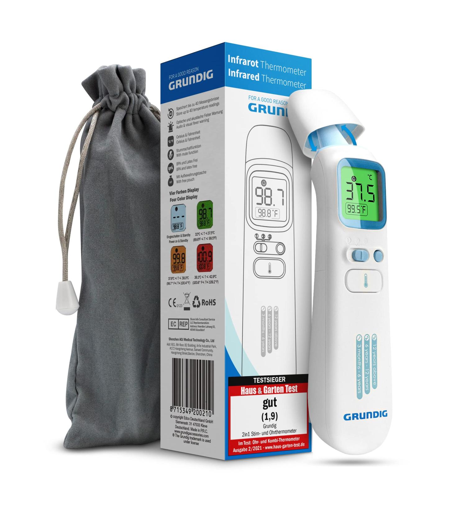 Grundig Contactless Infrared Thermometer - High-Precision Ear & Forehead Temperature Measurement for Babies & Adults - Digital Fever Thermometer - Buy Online on GoSupps.com