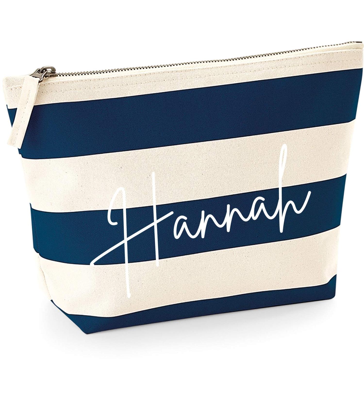 Minimity Maritime make -up bag for girls |Personalized with name printing |Small cosmetic bag striped including name |Make-up bags with zipper |19 x 18 x 9 cm (navy/nature)