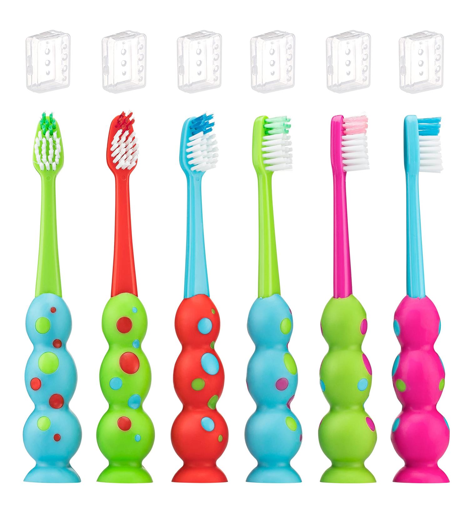 Farber Baby Kids Toothbrushes Set - 6 Pack of Children's Toothbrushes with Extra Soft Bristles and Travel Covers - Ideal for Sensitive Teeth - Easy Grip Suction Cup Handles - Color Variety - Buy Online on GoSupps.com