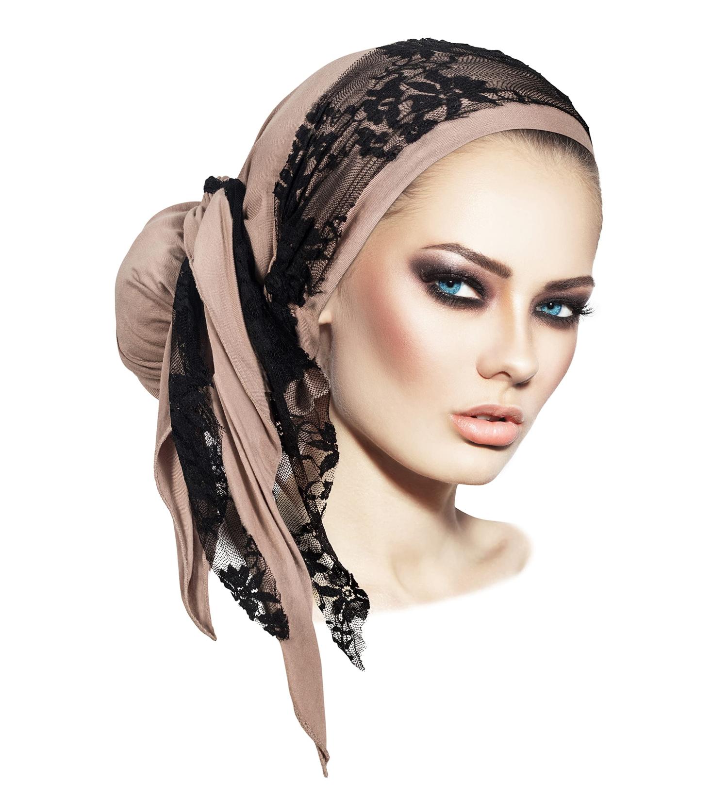 Taupe Cotton Headscarf with Black Lace - Handmade Pre-tied Tichel for Women - Buy Online on GoSupps.com