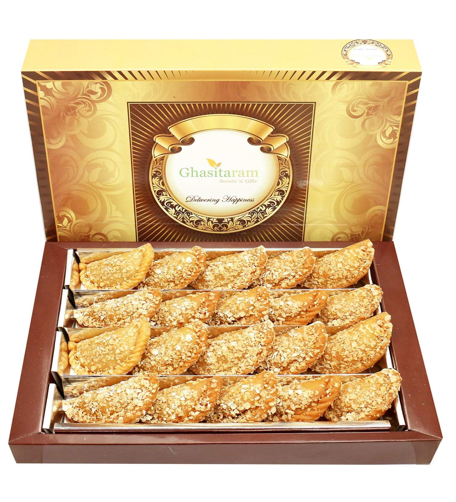 Ghasitaram Gifts Holi Sweets Holi Gifts Holi Hamper Roasted Oats Gujiya 800 GMS - Buy Online on GoSupps.com