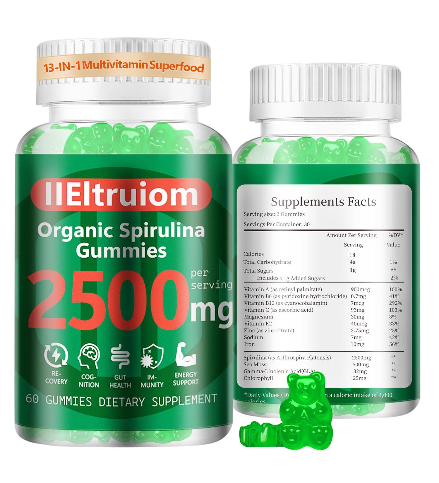IIEltruiom Organic Blue Spirulina Chlorella Gummies 13-in-1 Super Greens & Superfoods Spirulina 2500mg Enhanced Daily Energy with Sea Moss Chlorophyll GLA Gluten Free 60 Vegan Gummies - Buy Online on GoSupps.com