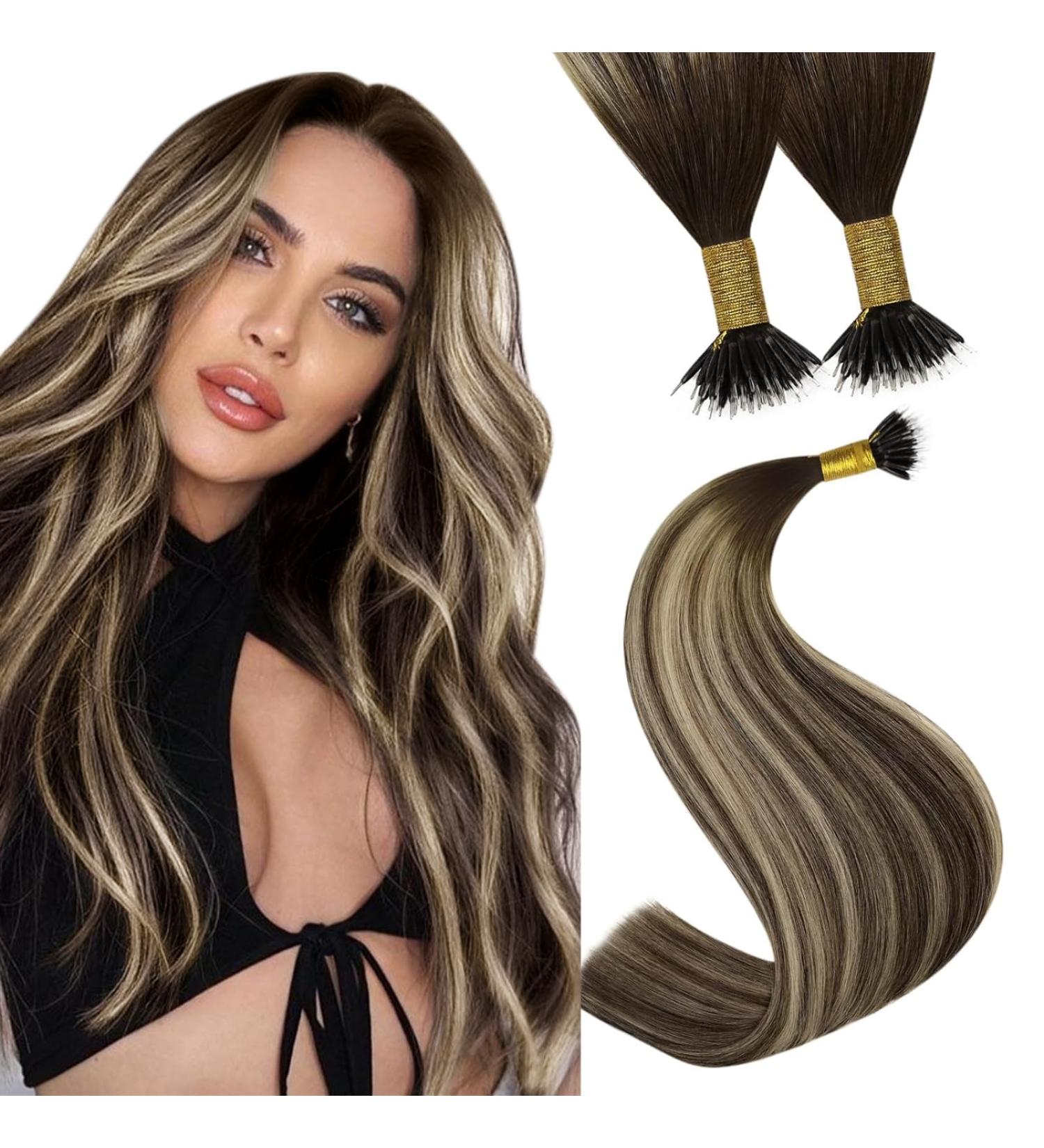 Youngsee Nanoring Extensions - Real Hair Balayage 60 cm Ombre Dark Brown to Ash Blond - 50S/50g Nano Ring Extensions for Long Hair - Buy Online on GoSupps.com