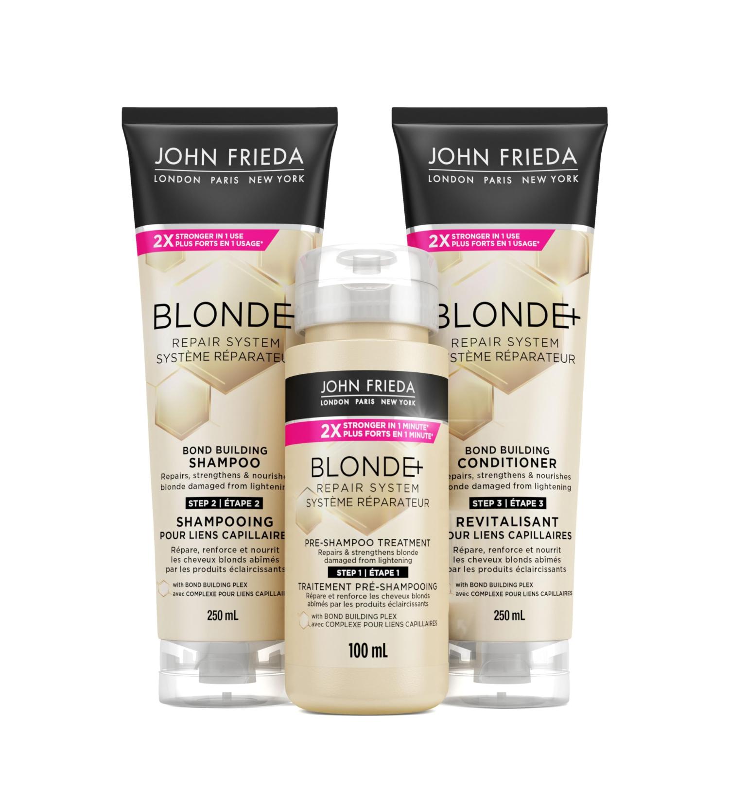 John Frieda Blonde+ Repair System Bond Building Collection to Repair and Strengthen Blonde Hair Damaged from Lighting | Contains Pre-Shampoo Treatment Shampoo and Conditioner (3 Products) Bundle - Buy Online on GoSupps.com