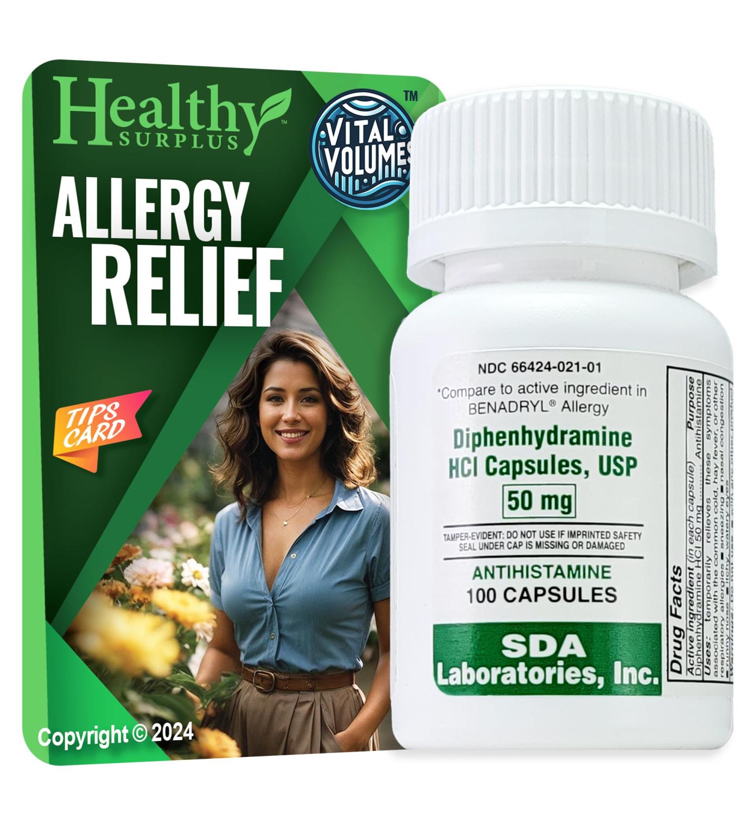 Buy SDA Labs Antihistamine Diphenhydramine HCL 50mg - 100 Capsules & Vital Volumes Allergy Tips Card Bundle - Fast International Shipping - Buy Online on GoSupps.com
