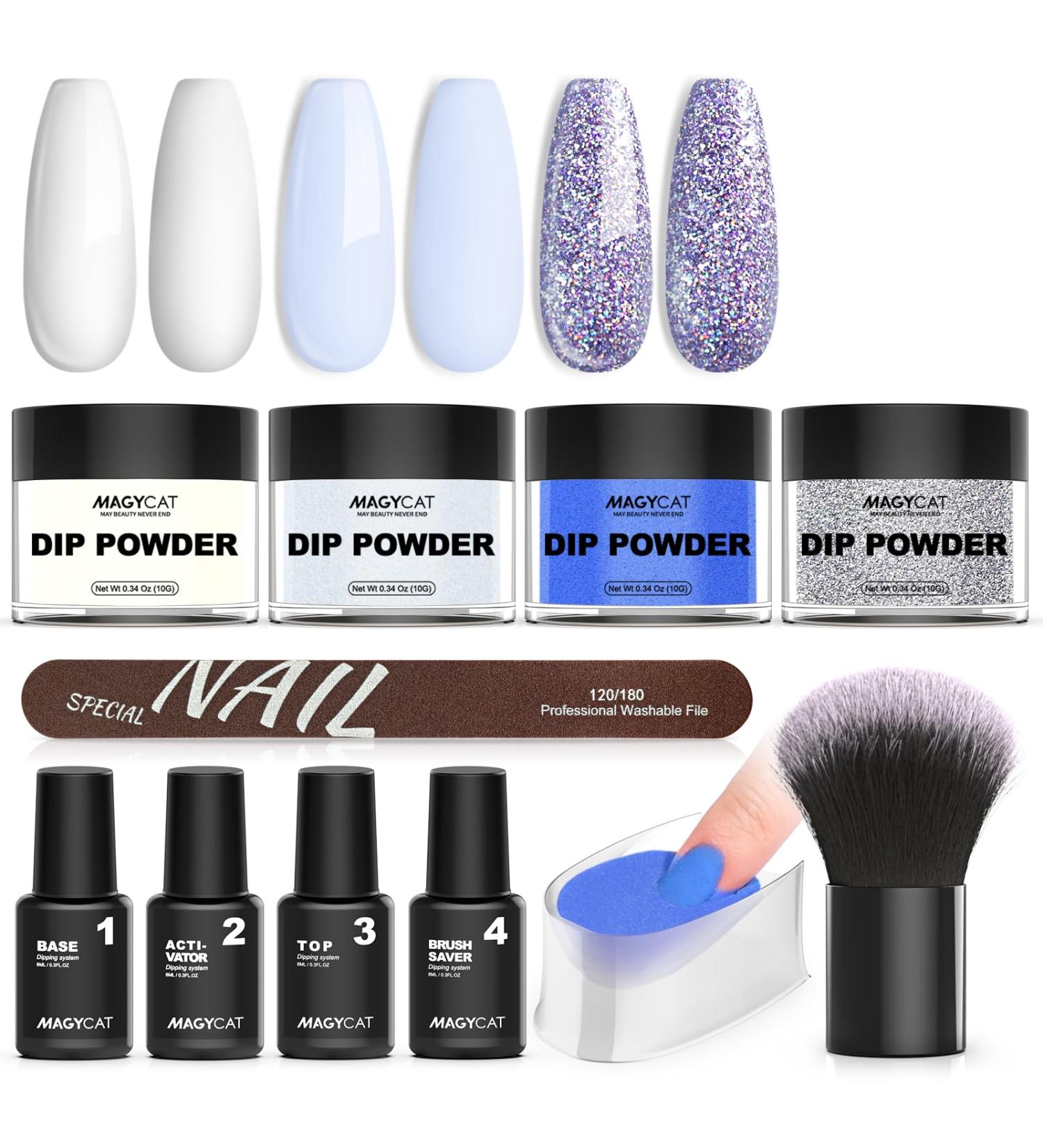 Dip Powder Nail Kit Starter - 4 Colors Stay Navy Blue Dipping Powder Set | DIY Nail Dip Art Kit with Base Activator Top Coat & Brush Saver - Buy Online on GoSupps.com