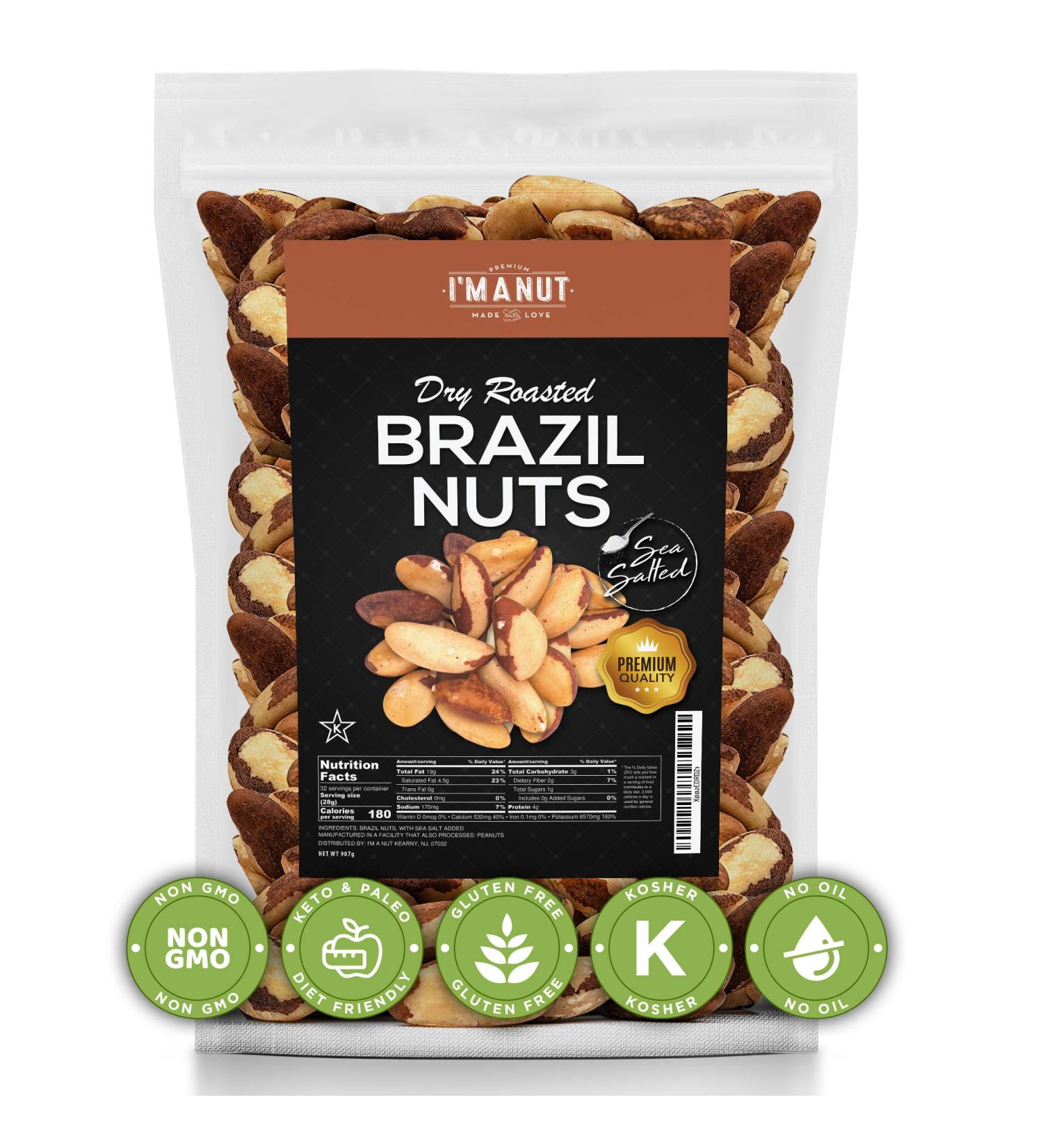 Premium 32 oz Dry Roasted Brazil Nuts - Sea Salted, Non-GMO, Vegan, Keto Friendly | 100% Natural, No Oil, Herbicides or Pesticides | 2 lbs - Buy Online on GoSupps.com