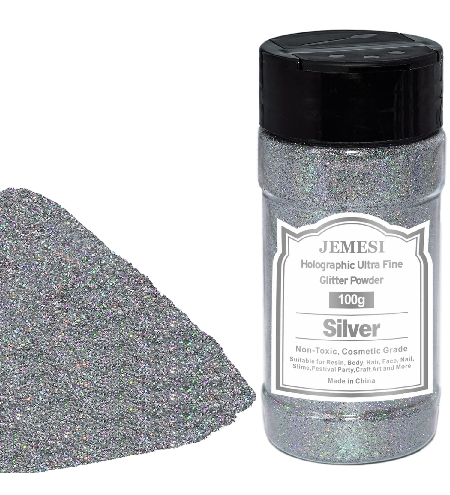 Glitzer Powder - Jemesi Silver Fine Glitter for Epoxy Resin Nail Art Body & DIY Decoration - 100g Holographic Glitter - Buy Online on GoSupps.com