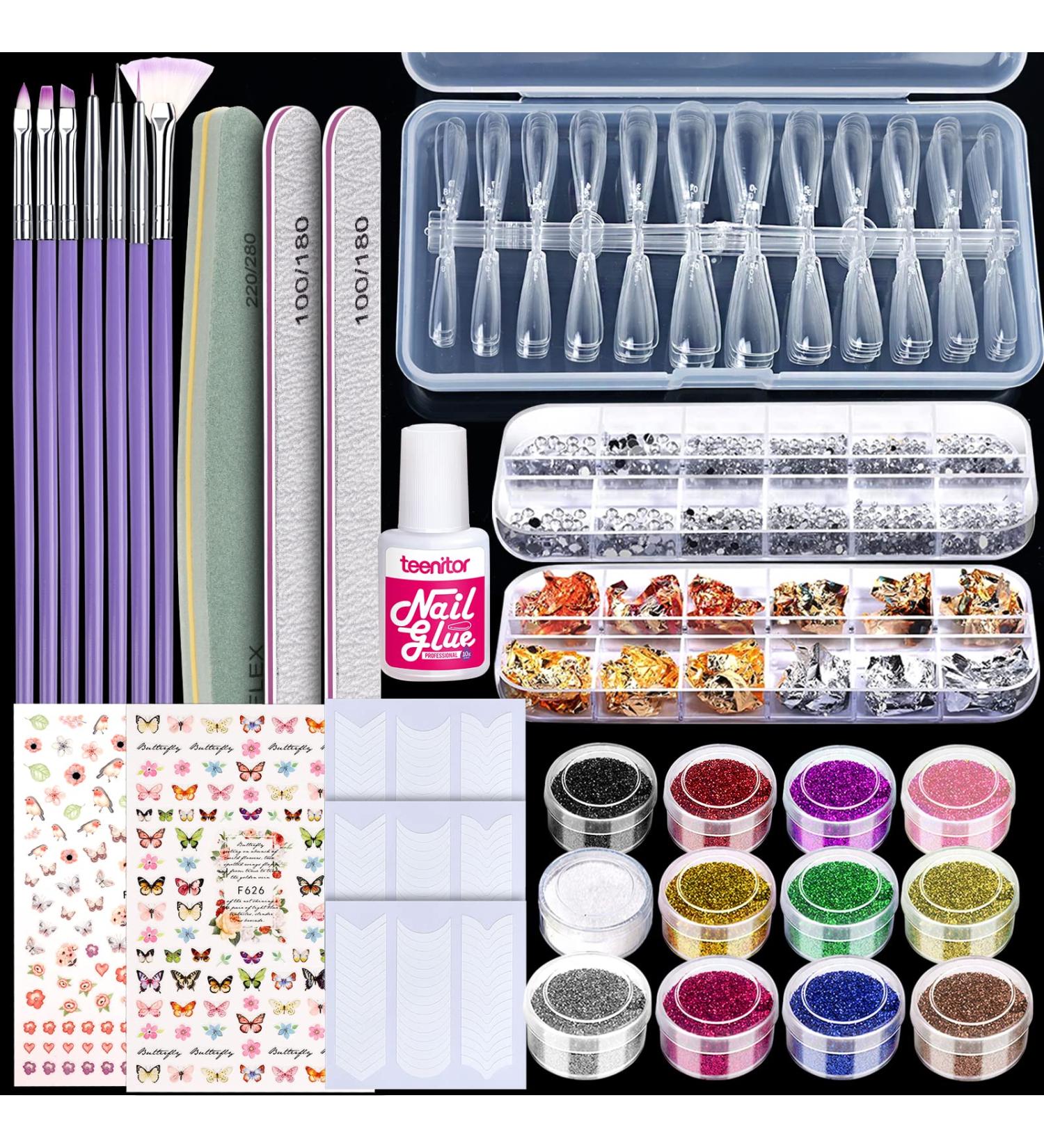 Teenitor Nail Art Starter Kit: Coffin Nail Tips, Glue, Brushes, Glitter, Stickers, Rhinestones & More - Buy Online on GoSupps.com