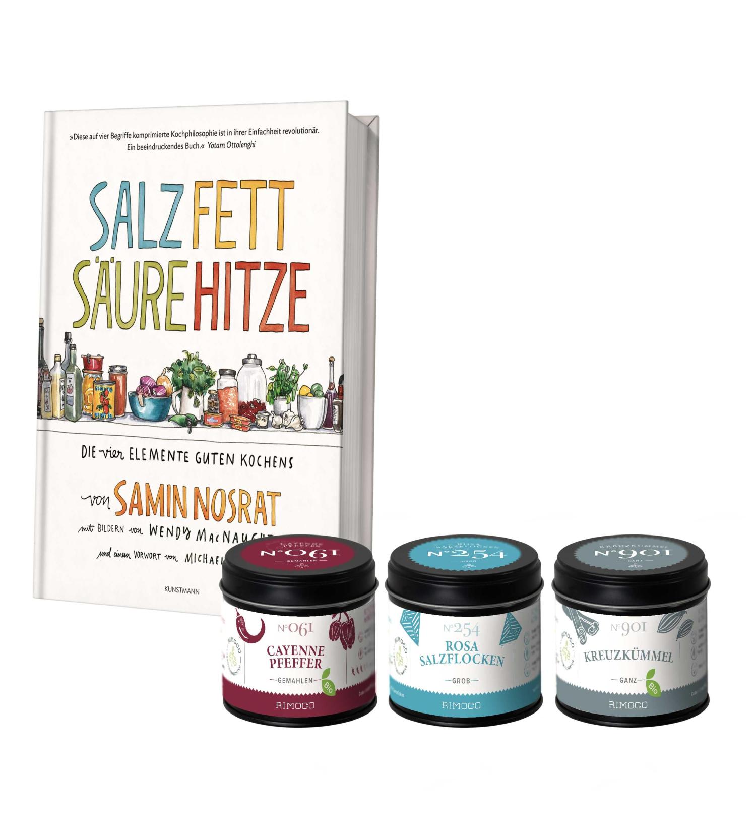 Rimoco Gift Set: Salz Fat Acid Heat Book & Premium Spices - Cayenne Pepper Pink Salt Flakes Cumin - Buy Online on GoSupps.com