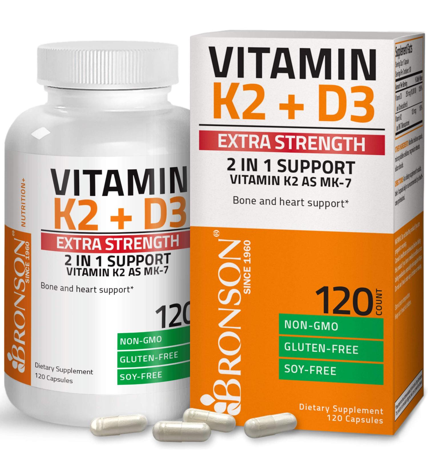 Bronson Vitamin K2 (MK7) & D3 Extra Strength Supplement - 10,000 IU Vitamin D3, 120 mcg Vitamin K2 MK-7 - Bone & Heart Health - Non-GMO Formula - 120 Capsules - Buy Online on GoSupps.com