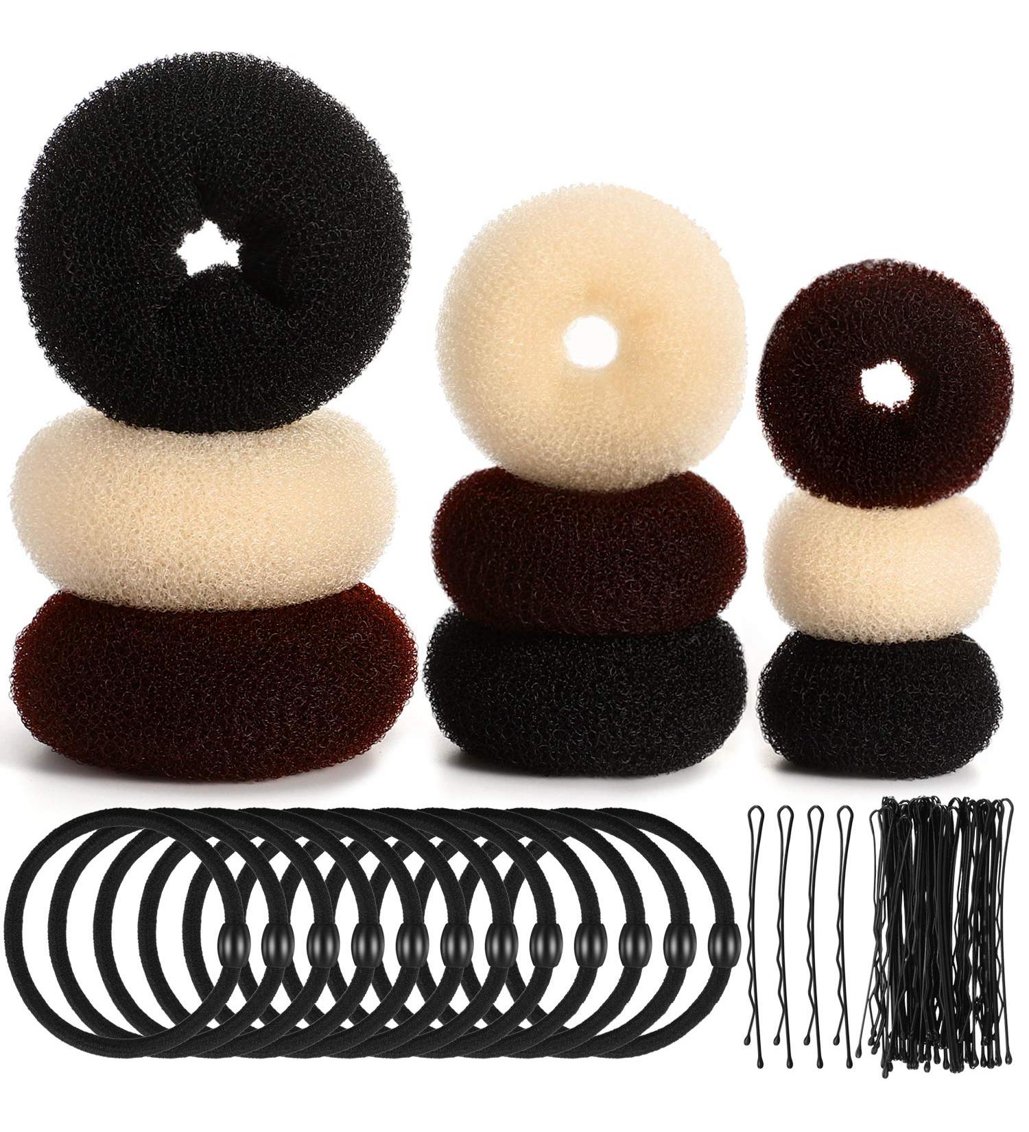 9 Pieces Donut Hair Bun Maker Shaper Foam Sponge Doughnut Bun Ring Style Set with 12 Pieces Hair Elastic Bands Ties and 50 Pieces Hair Bobby Pins for Women Girls Kids (Black Brown and Beige) - Buy Online on GoSupps.com