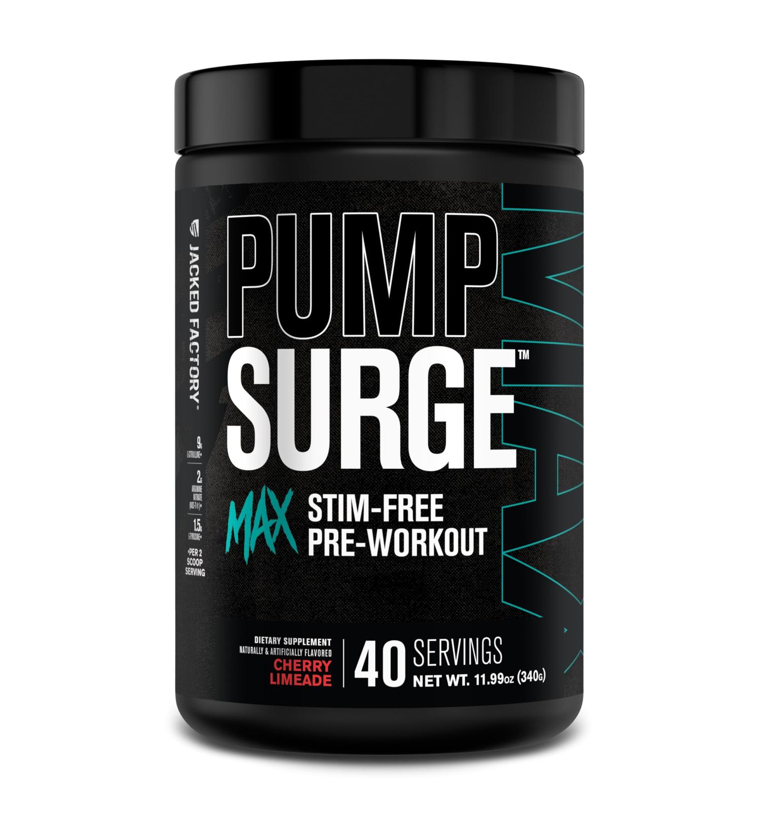 Jacked Factory Pumpsurge Max Stim Free Pre Workout - High-Performance Caffeine Free Pre Workout with L-Citrulline N03-T Arginine Nitrate & Glutathione - 40 Servings Cherry Limeade - Buy Online on GoSupps.com