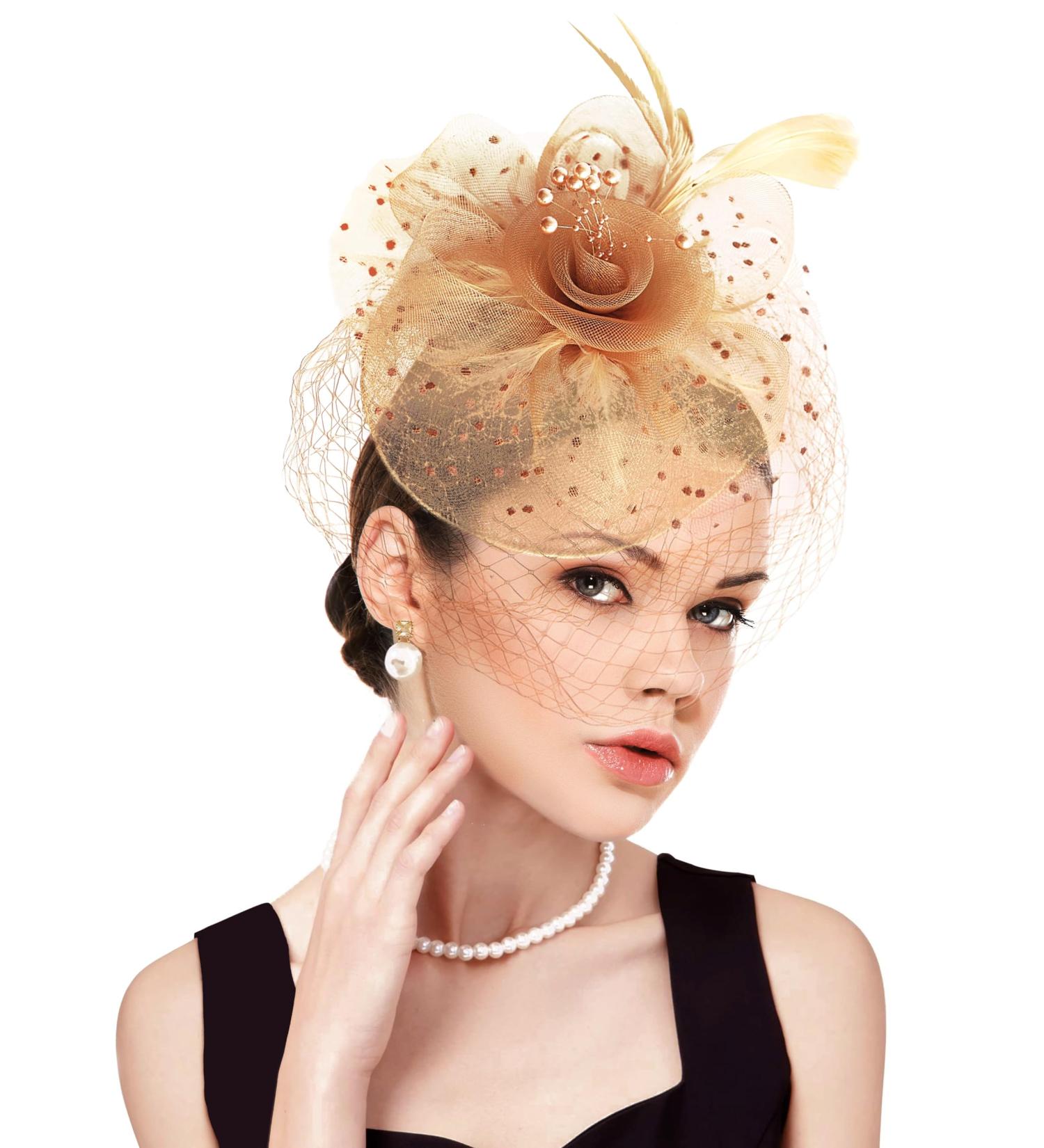 dressfan Fascinator Headband Hat Women's Vintage Headband Wedding Veil Hat Flower Mesh Feather Hair Accessories 1950s Headpiece for Wedding/Cocktail/Jockey Club/Tea Party/Carnival Gold