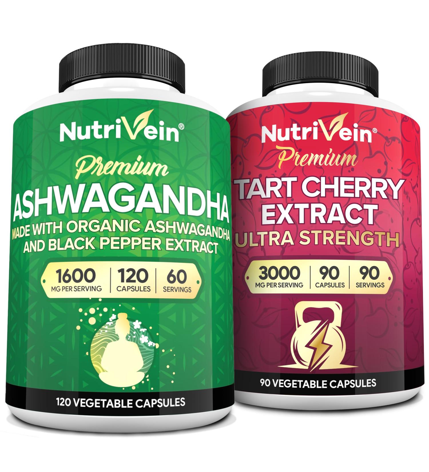 Nutrivein Premium Ashwagandha Capsules & Tart Cherry Capsules Bundle: High-Absorption Tart Cherry Extract and Ashwagandha Supplements for Recovery, Balance, and Vitality - Buy Online on GoSupps.com