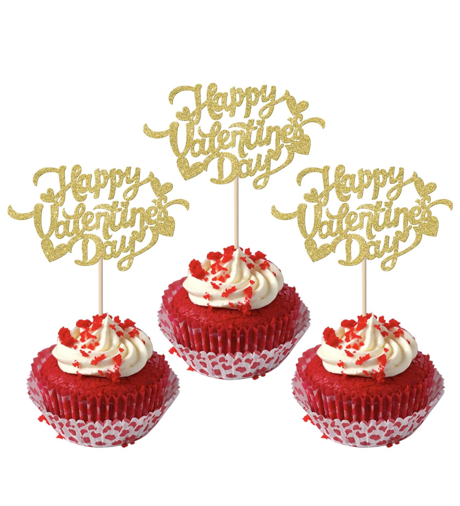 24 Pack Happy Valentine's Day Cupcake Topper Glitter Sweet Heart Love Cupcake Picks for Happy Valentines Day Theme Bridal Shower Engagement Birthday Party Cake Decorations Supplies Gold 18-gold