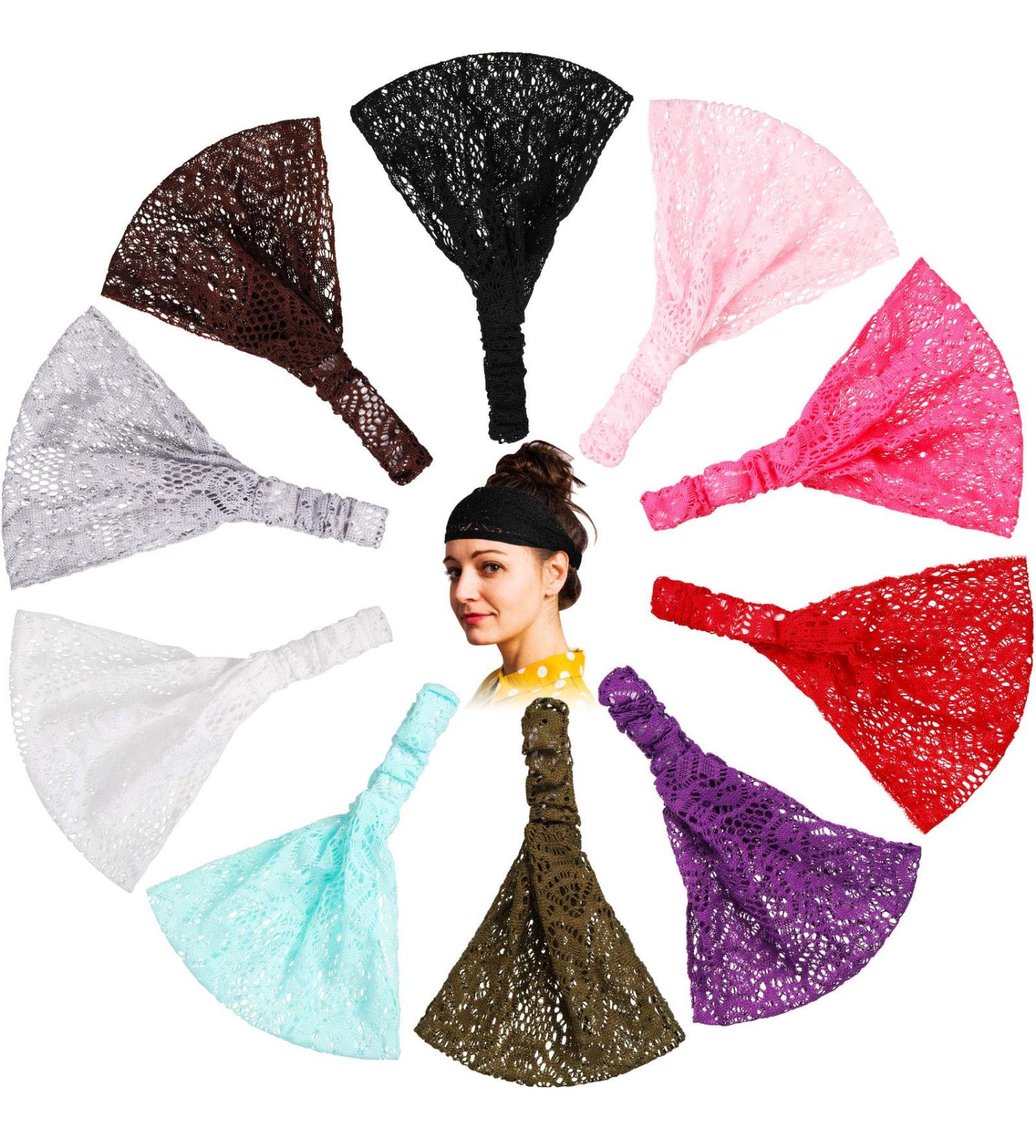 Lace Elastic Headbands Set - 10 Pieces Boho Bandana Hair Accessories for Women and Girls in 10 Colors - Buy Online on GoSupps.com