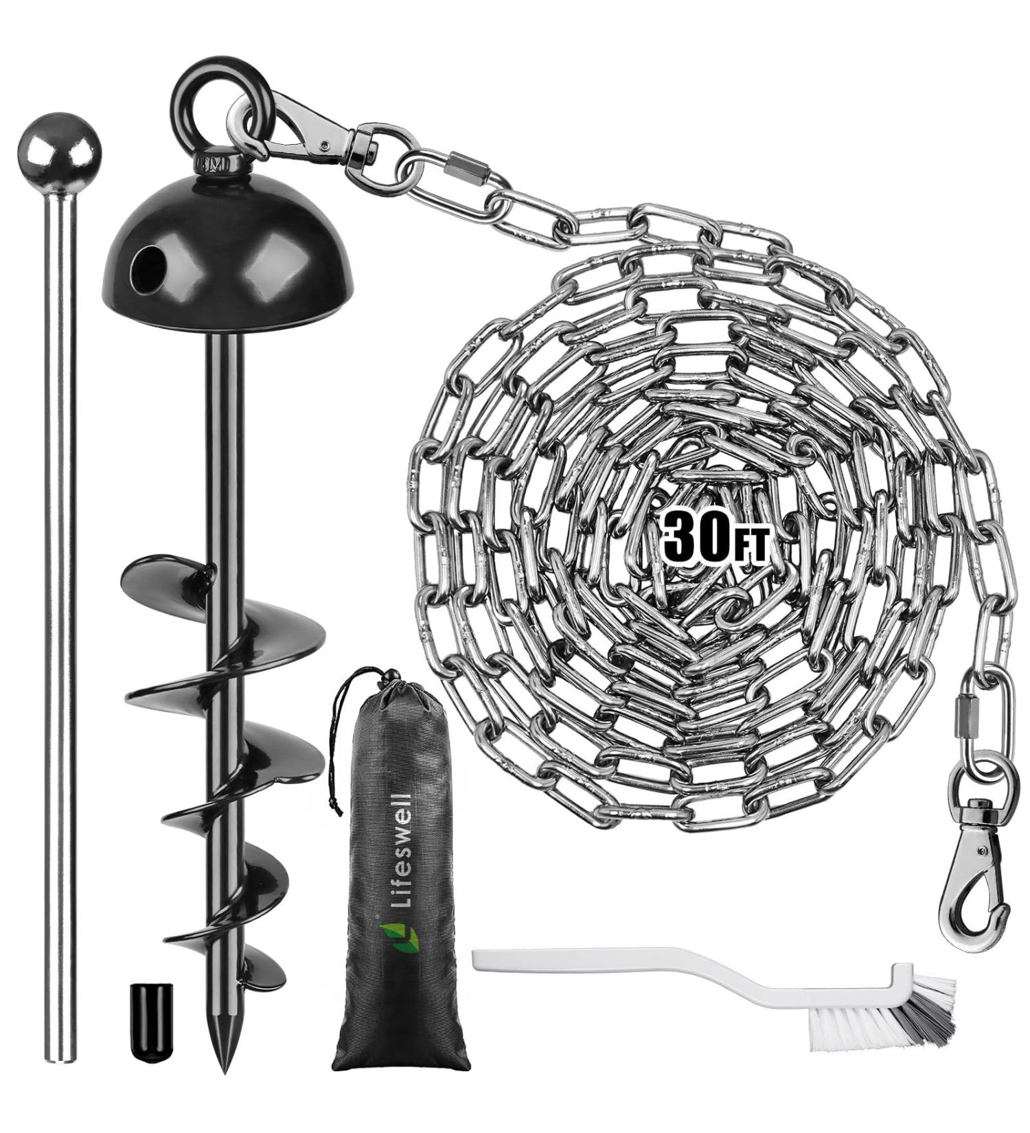 Lifeswell 15-Inch Dog Tie Out Stake & 30ft Heavy Duty Stainless Steel Chain for Dogs up to 125lbs | Perfect for Courtyard & Camping - Buy Online on GoSupps.com