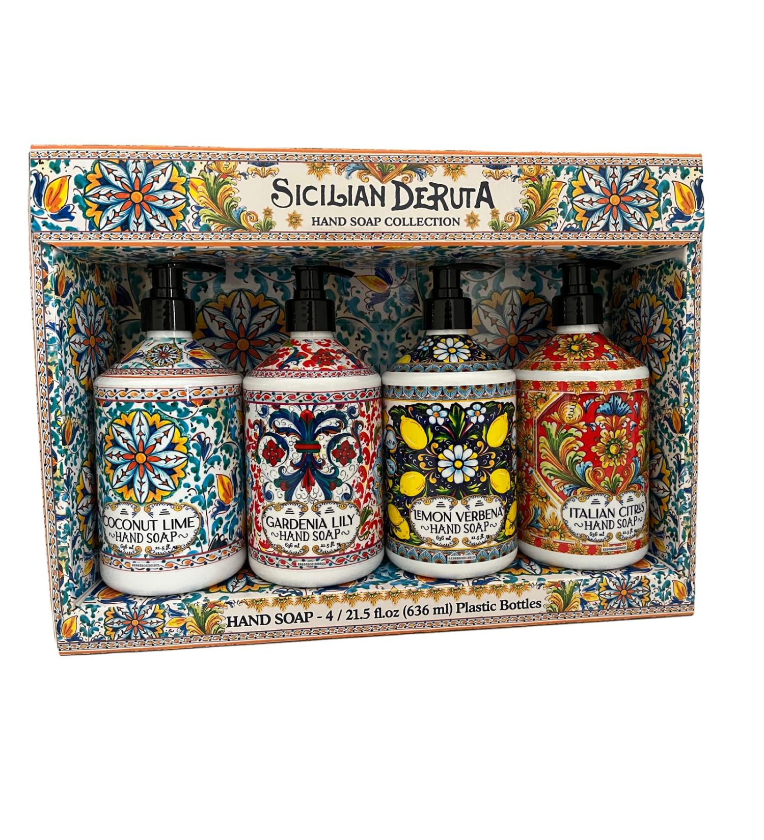 Sicilian Deruta Hand Soap Collection - 4 x 21.5 fl.oz Bottles - Italian Citrus, Lemon Verbena, Gardenia Lily, Coconut Lime - Buy Online on GoSupps.com