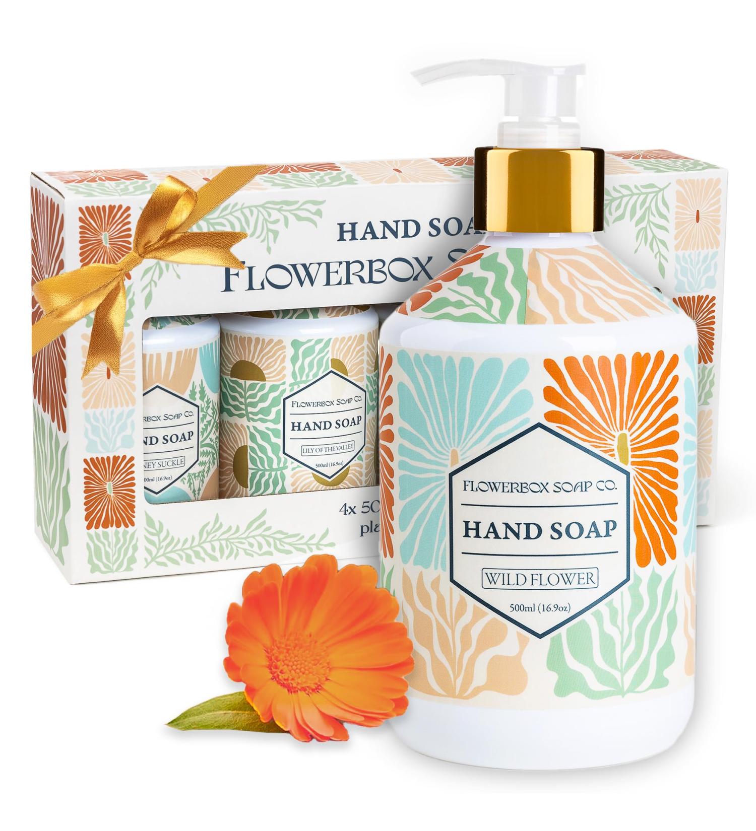 FlowerBox Liquid Hand Soap with Pump Set of 4 Scented Decorative Hand Soap Dispensers for Bathroom and Kitchen 500 mL Luxury Floral Mosaic Bottles Gift Pack 4 Packs - Buy Online on GoSupps.com
