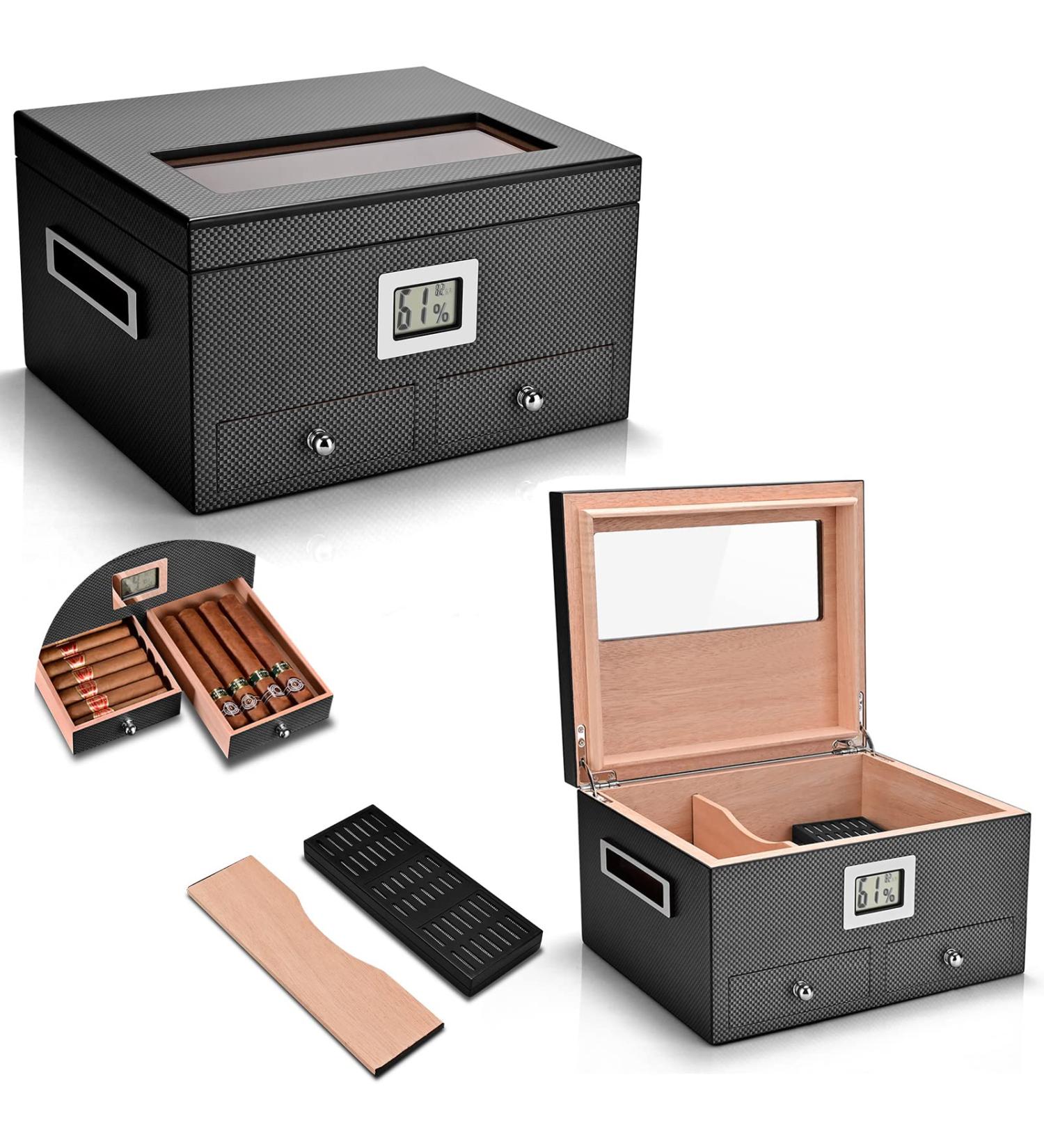 CIGARLOONG Cigar Humidor 35-50 Count Glass Top Large Capacity Cigar Box with Front Hygrometer Humidifier and Accessory Drawer(Black) Carbon Fiber Black - Buy Online on GoSupps.com