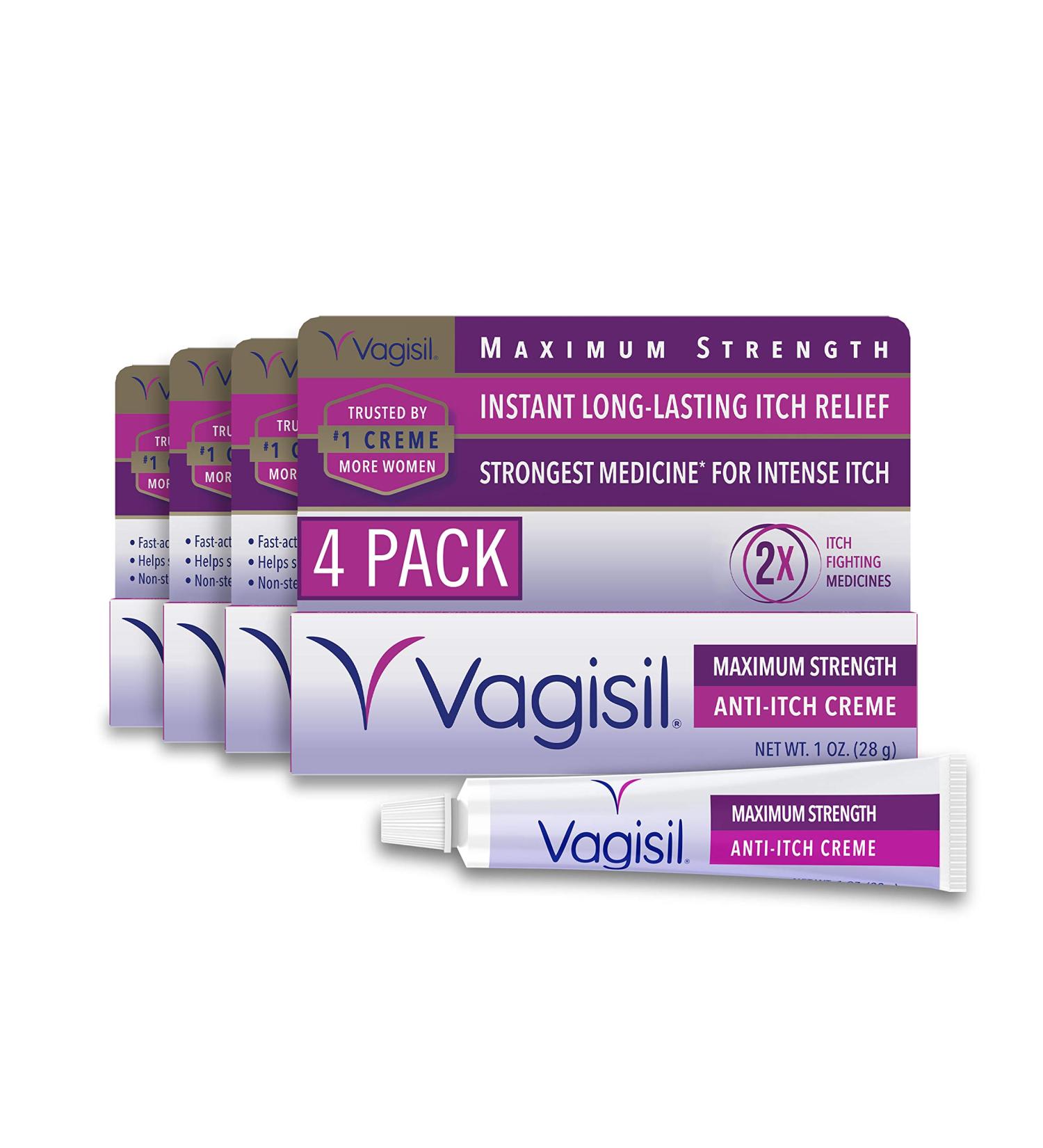 Vagisil Maximum Strength Feminine Anti-Itch Cream with Benzocaine - Fast-Acting Relief for Yeast Infection Irritation - Gynecologist Tested - Soothes and Cools Skin - 1oz (Pack of 4) - Buy Online on GoSupps.com