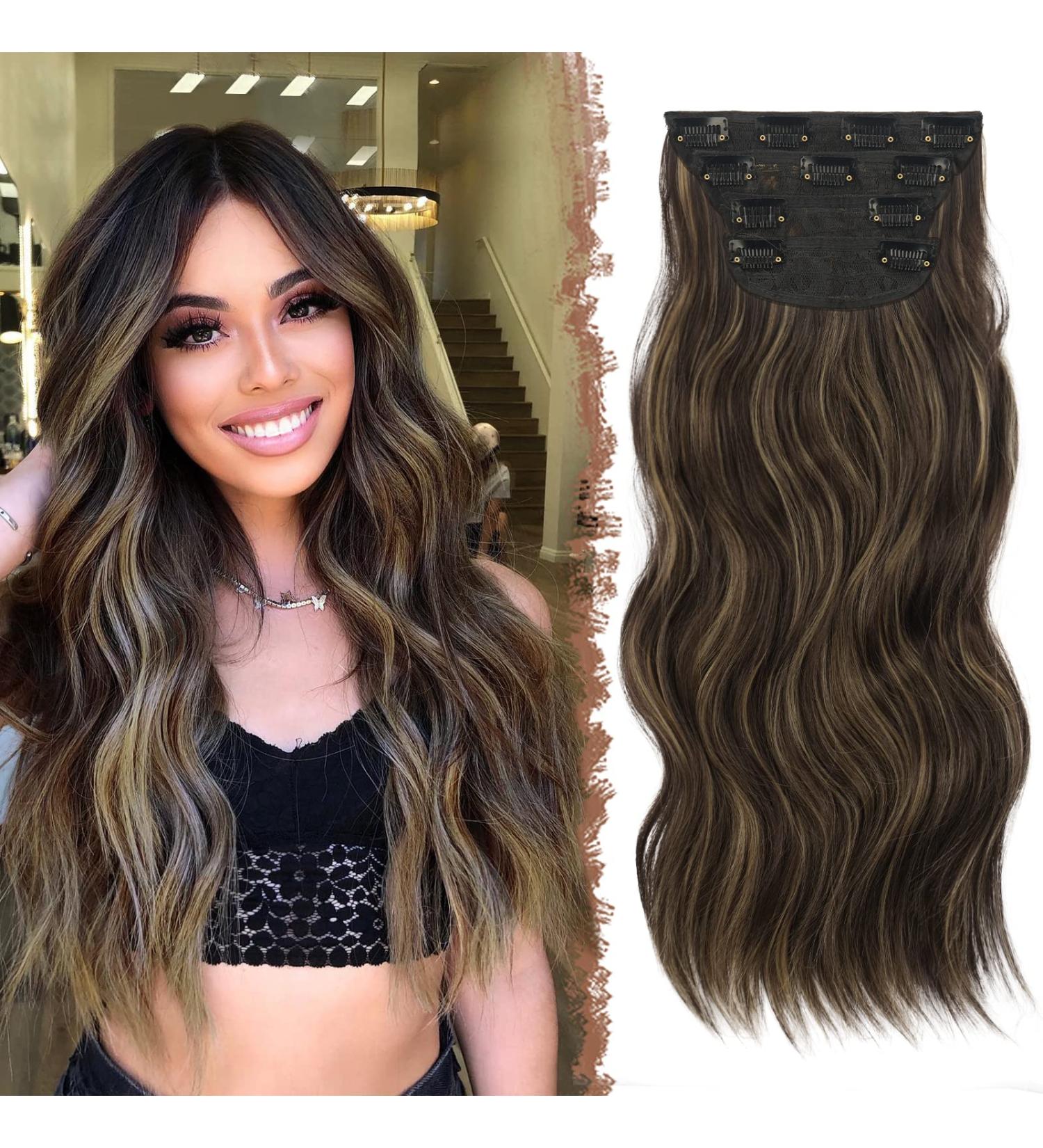 Feshfen Clip In Extensions - 4pcs 50cm Chocolate Brown & Blonde Wavy Synthetic Hair - 180g Hair Extensions for Women - Buy Online on GoSupps.com