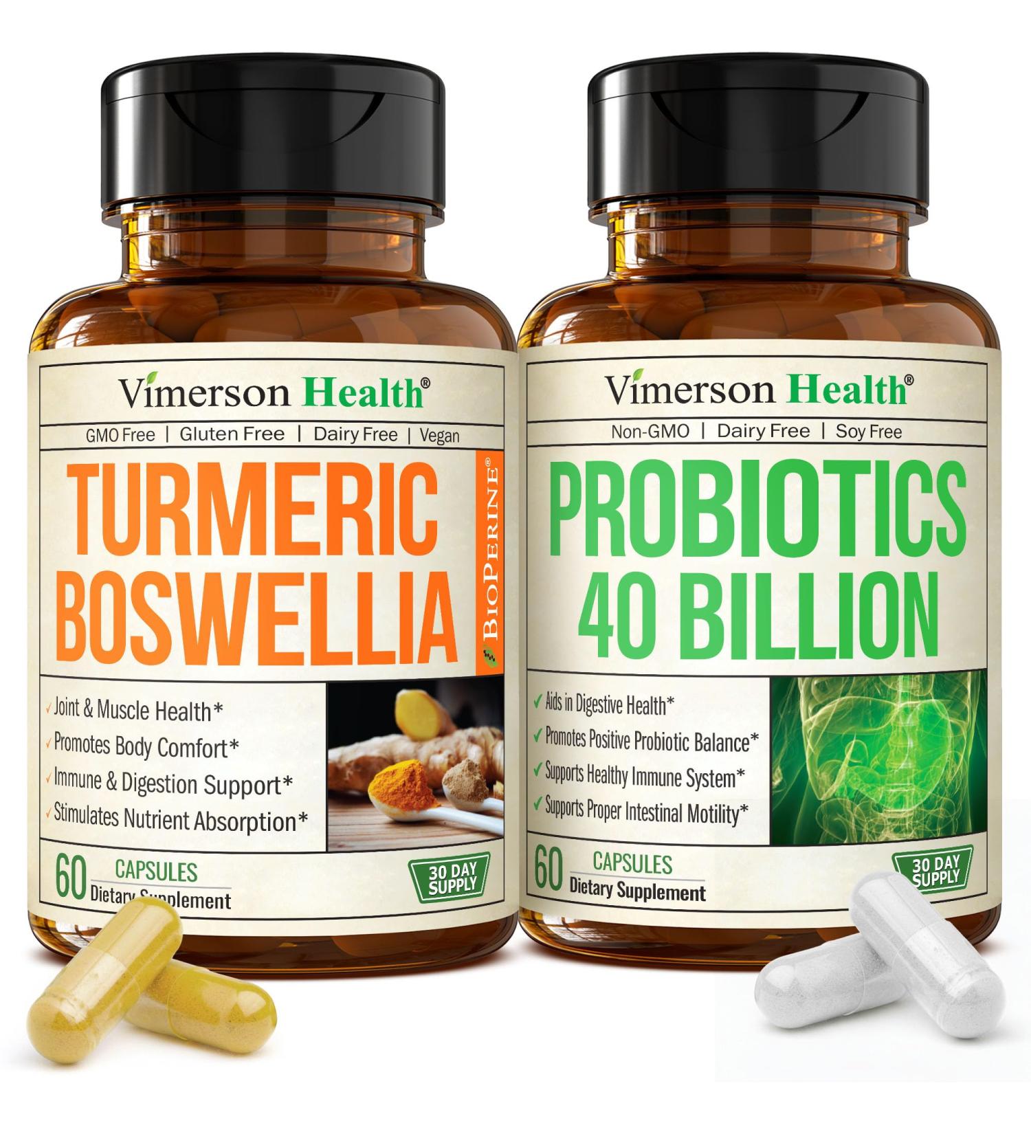 Boswellia Turmeric Curcumin Supplement + 40 Billion CFU Probiotics for Women & Men with Prebiotics Bundle for Joint & Immune Support Digestive & Gut Health with Ginger Root Organic Turmeric Powder - Buy Online on GoSupps.com