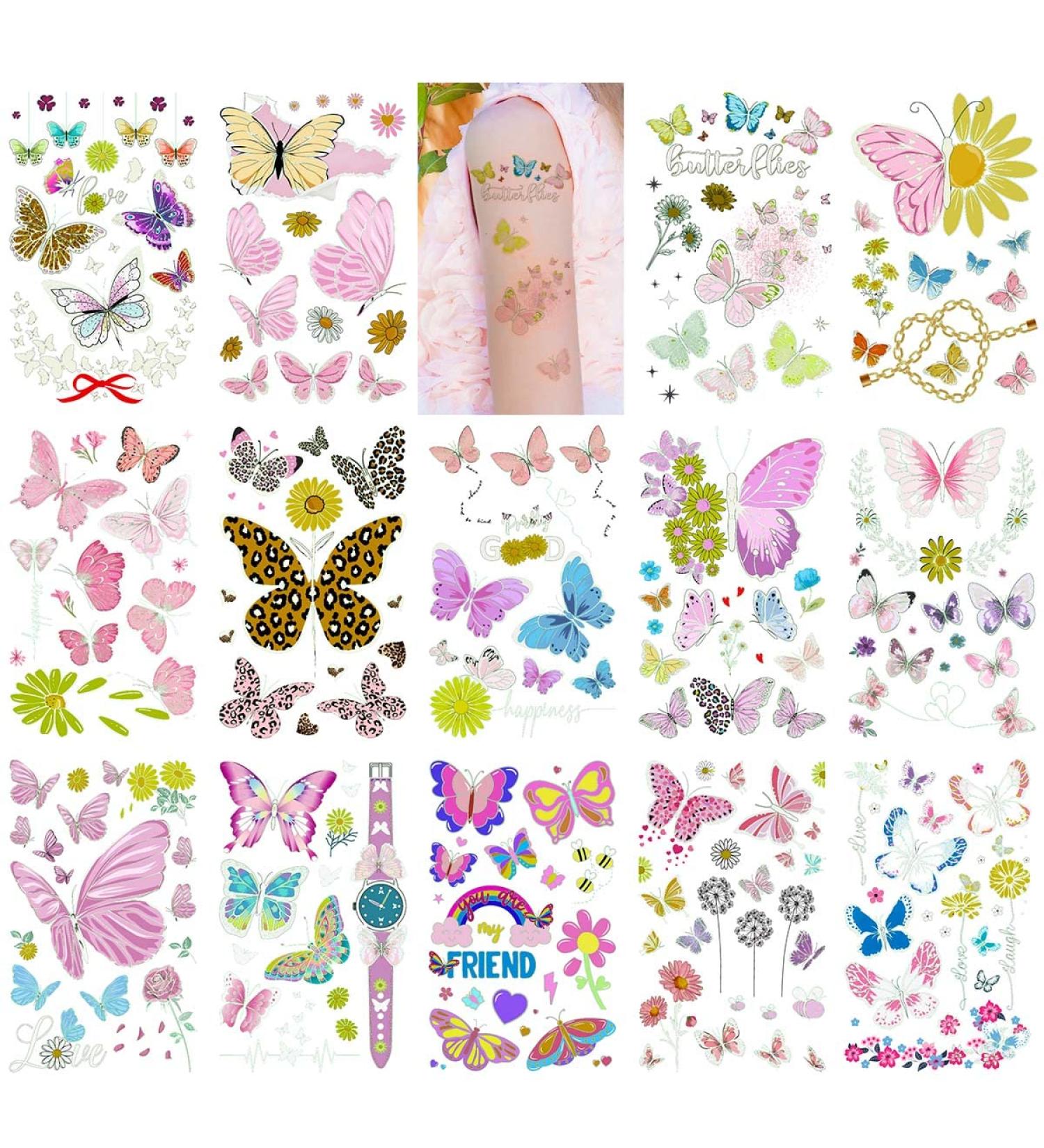 Fanoshon Kids Butterfly Tattoos - 14 Sheets | Glow in the Dark Temporary Tattoos for Girls | Small Butterfly Flower Designs | Birthday Party Favors | Waterproof and Long Lasting - Buy Online on GoSupps.com