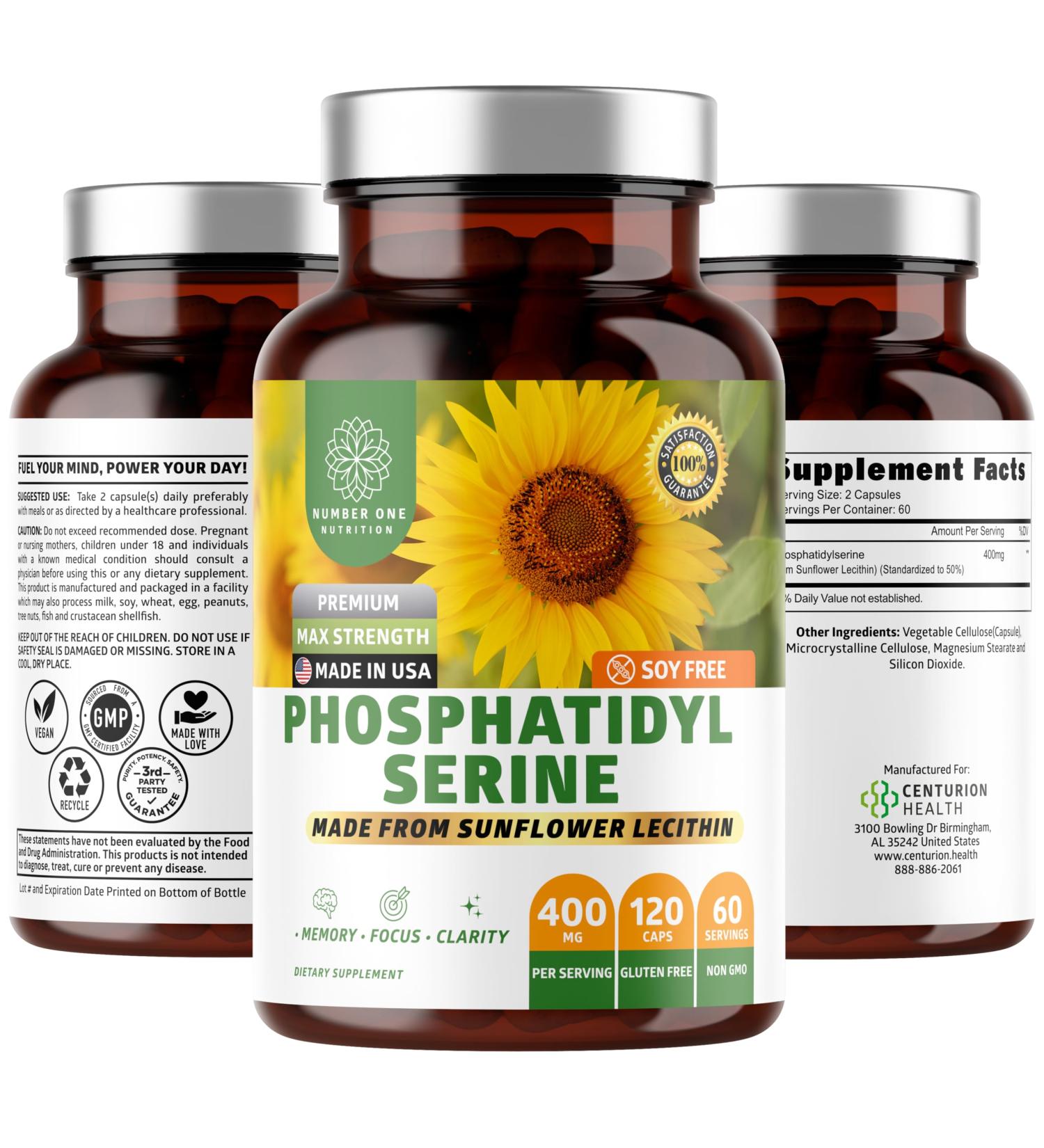 Number One Nutrition Premium Phosphatidylserine 400mg, Derived from Sunflower Lecithin to Help Support Memory, Focus & Cognition Naturally, Soy Free, 120 Veg Caps - Buy Online on GoSupps.com